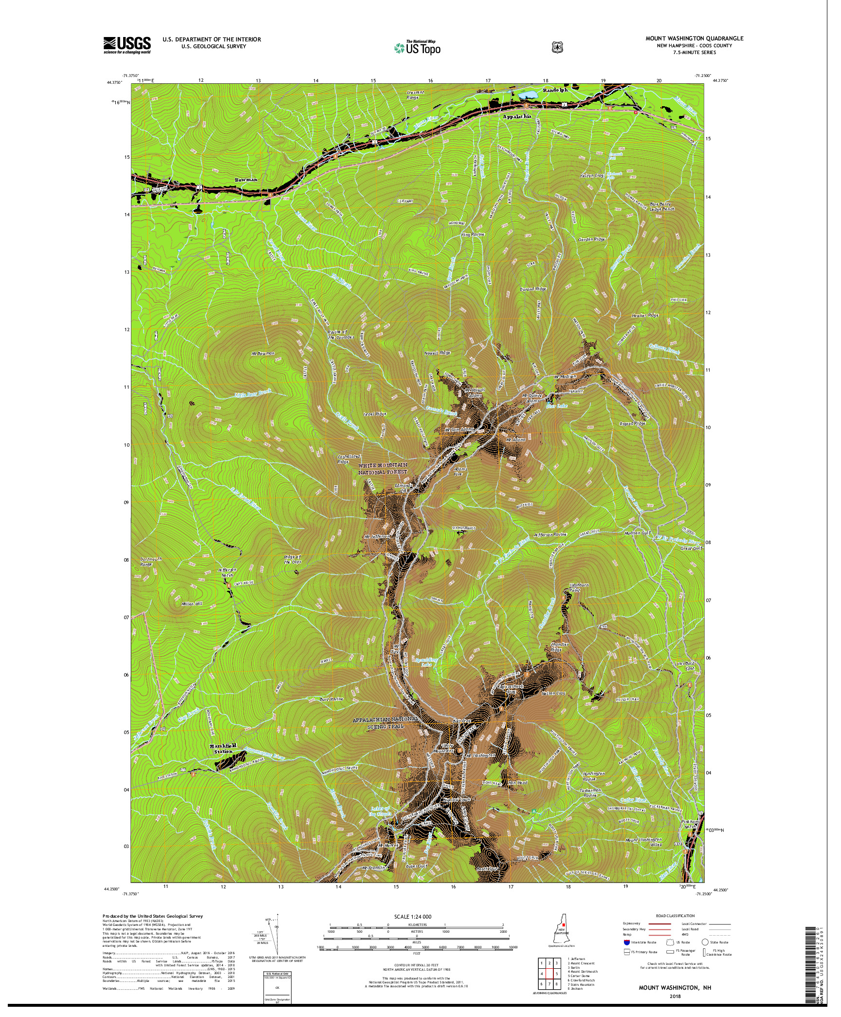 USGS US TOPO 7.5-MINUTE MAP FOR MOUNT WASHINGTON, NH 2018