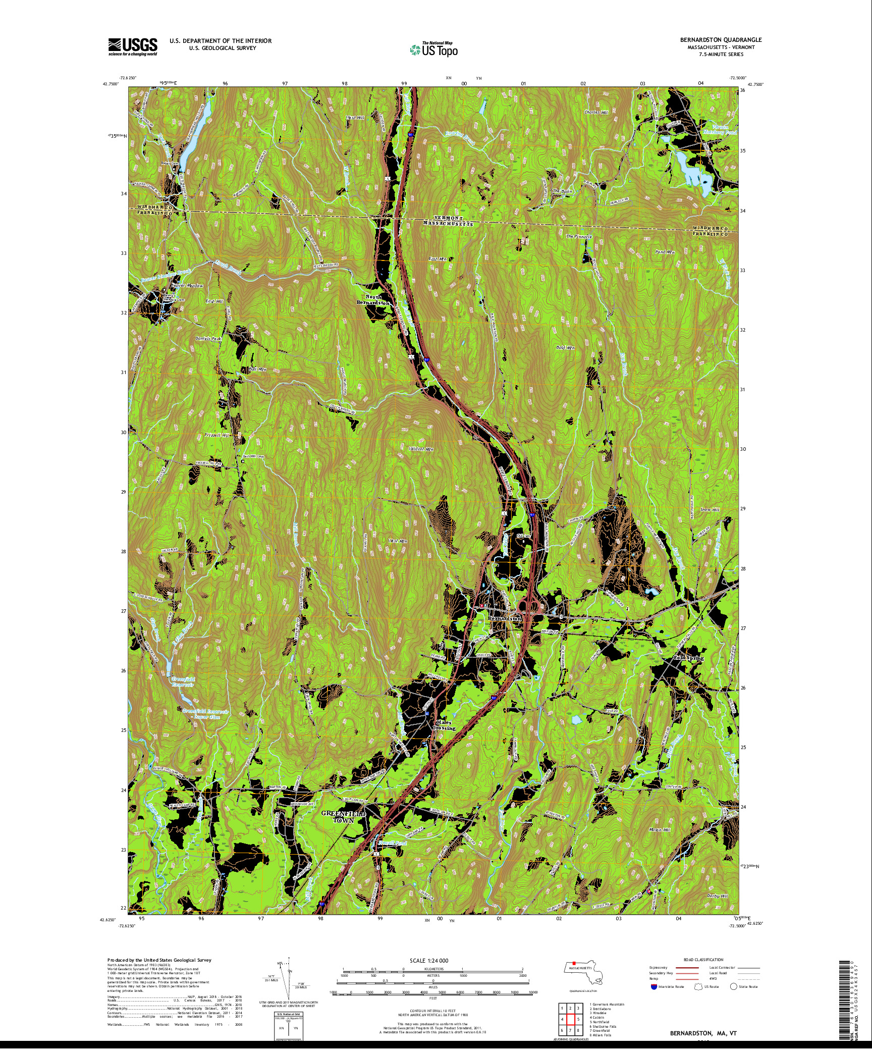 USGS US TOPO 7.5-MINUTE MAP FOR BERNARDSTON, MA,VT 2018