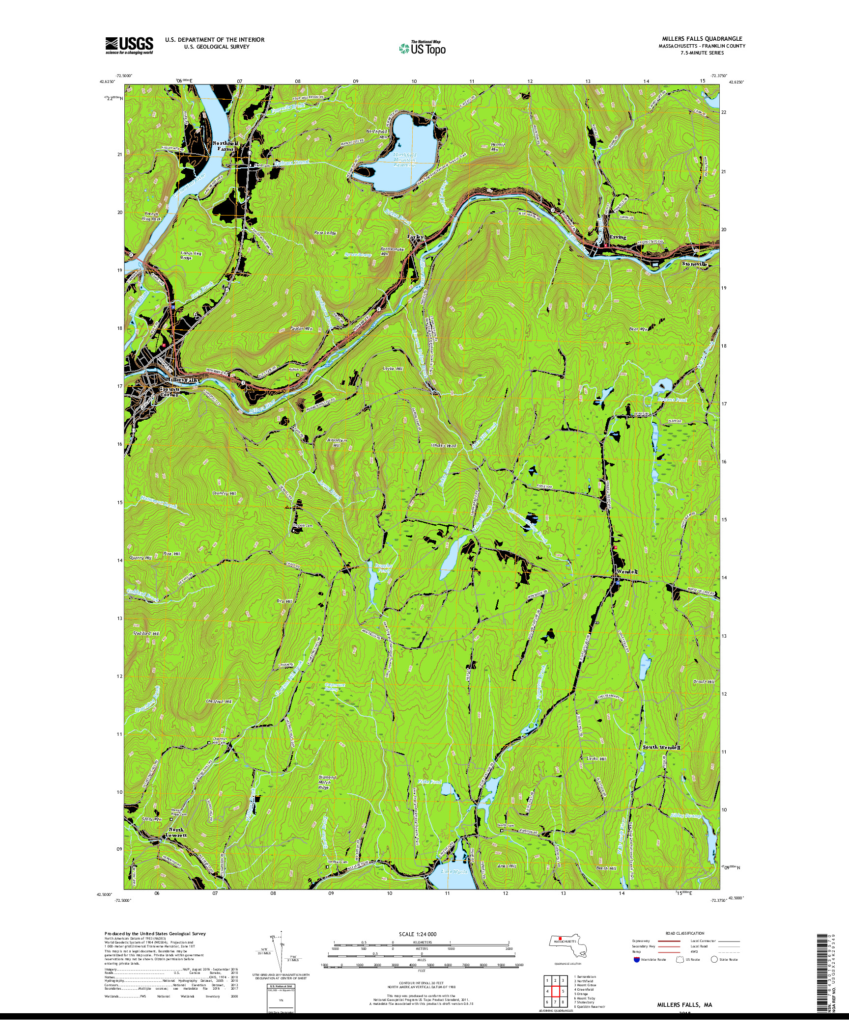USGS US TOPO 7.5-MINUTE MAP FOR MILLERS FALLS, MA 2018