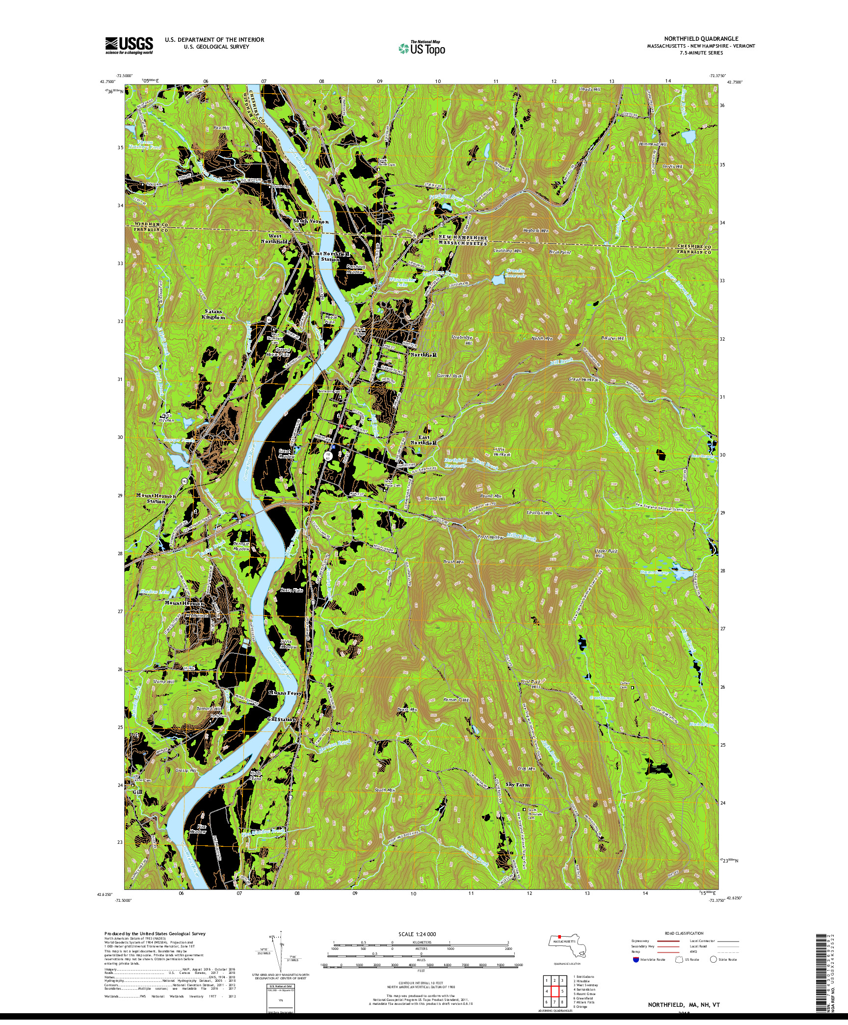 USGS US TOPO 7.5-MINUTE MAP FOR NORTHFIELD, MA,NH,VT 2018