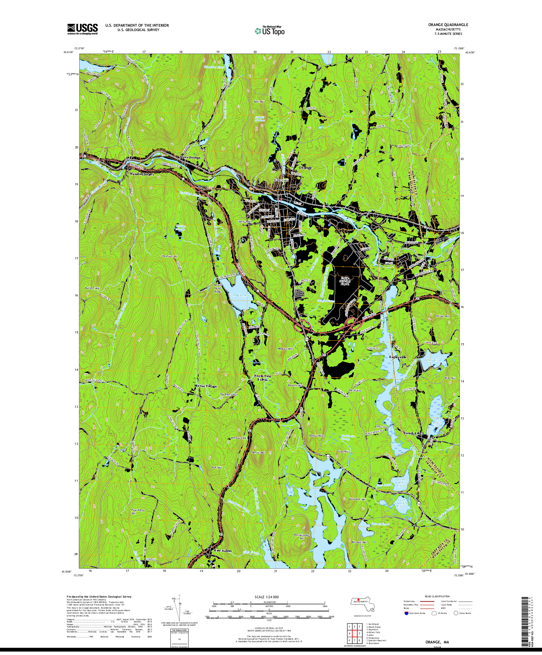 USGS US TOPO 7.5-MINUTE MAP FOR ORANGE, MA 2018