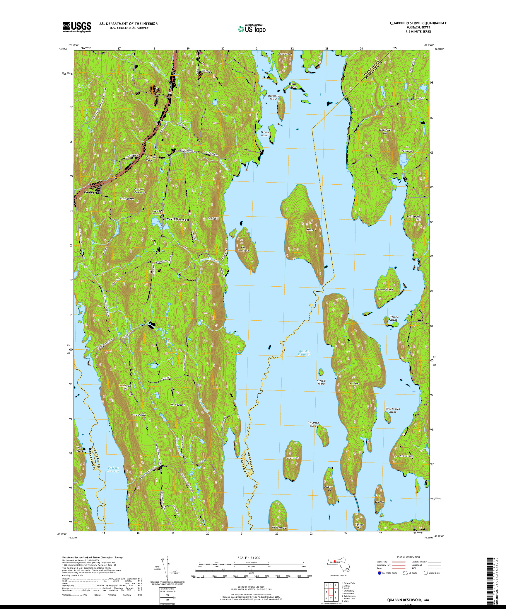 USGS US TOPO 7.5-MINUTE MAP FOR QUABBIN RESERVOIR, MA 2018