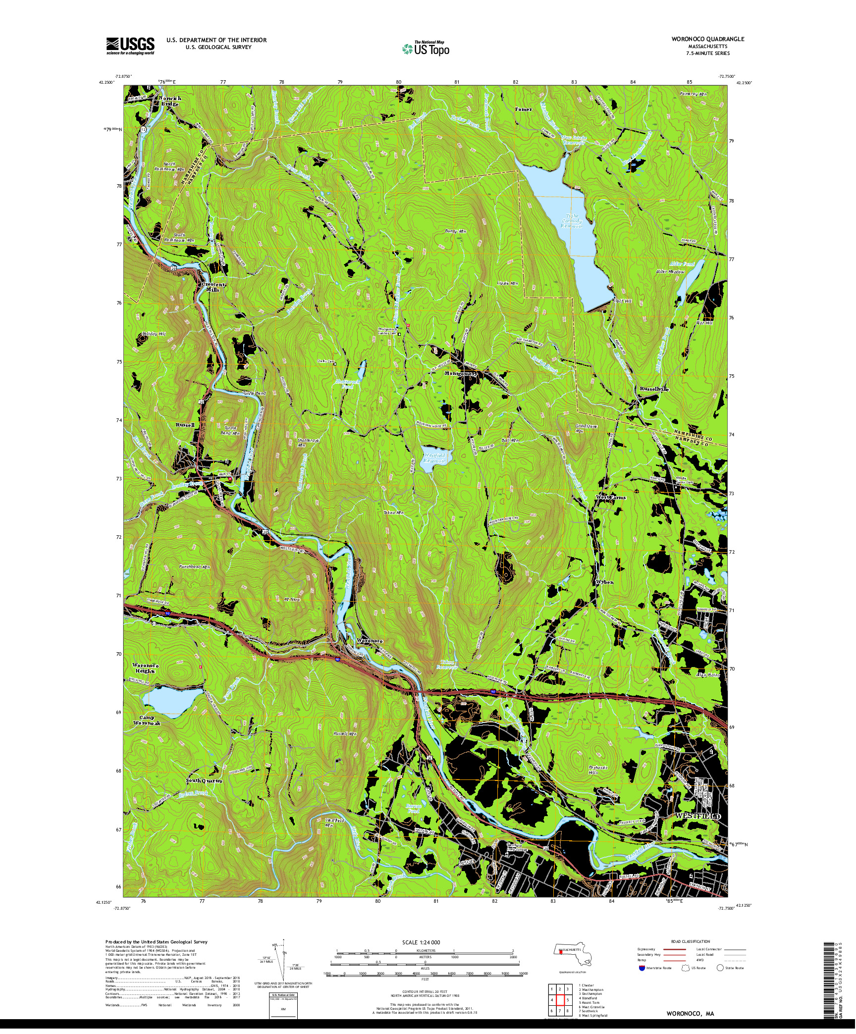 USGS US TOPO 7.5-MINUTE MAP FOR WORONOCO, MA 2018