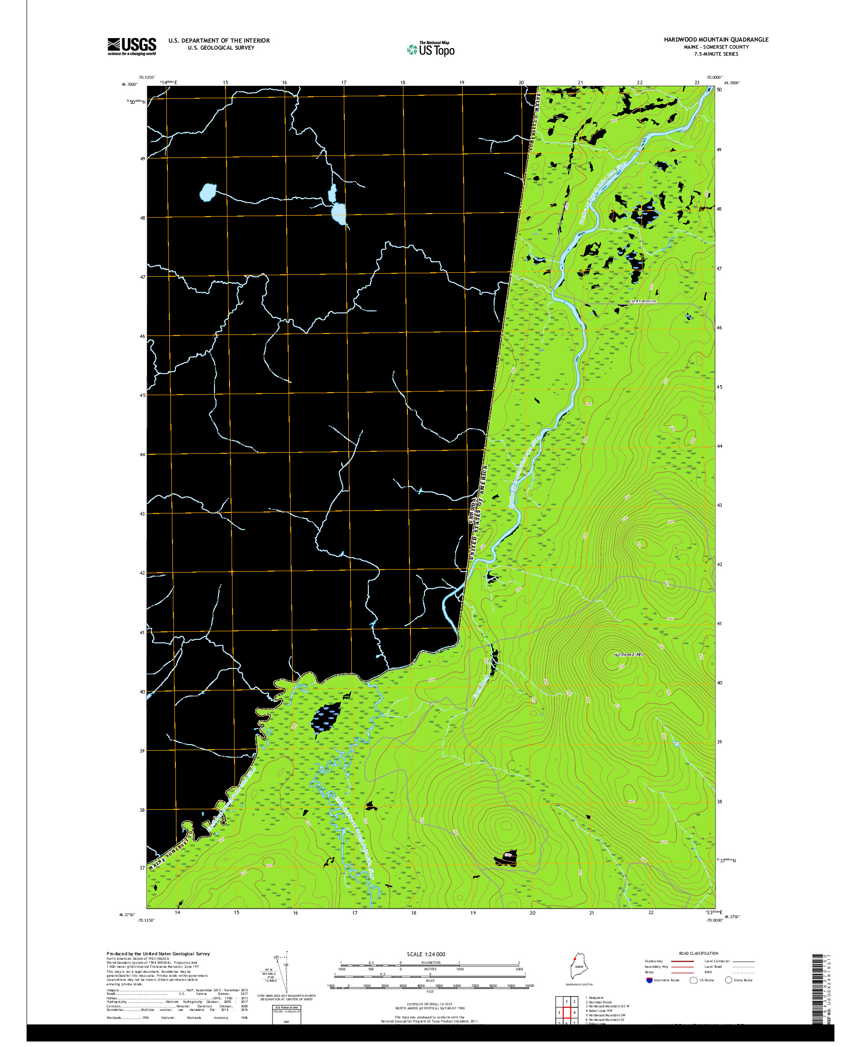 USGS US TOPO 7.5-MINUTE MAP FOR HARDWOOD MOUNTAIN, ME,QC 2018