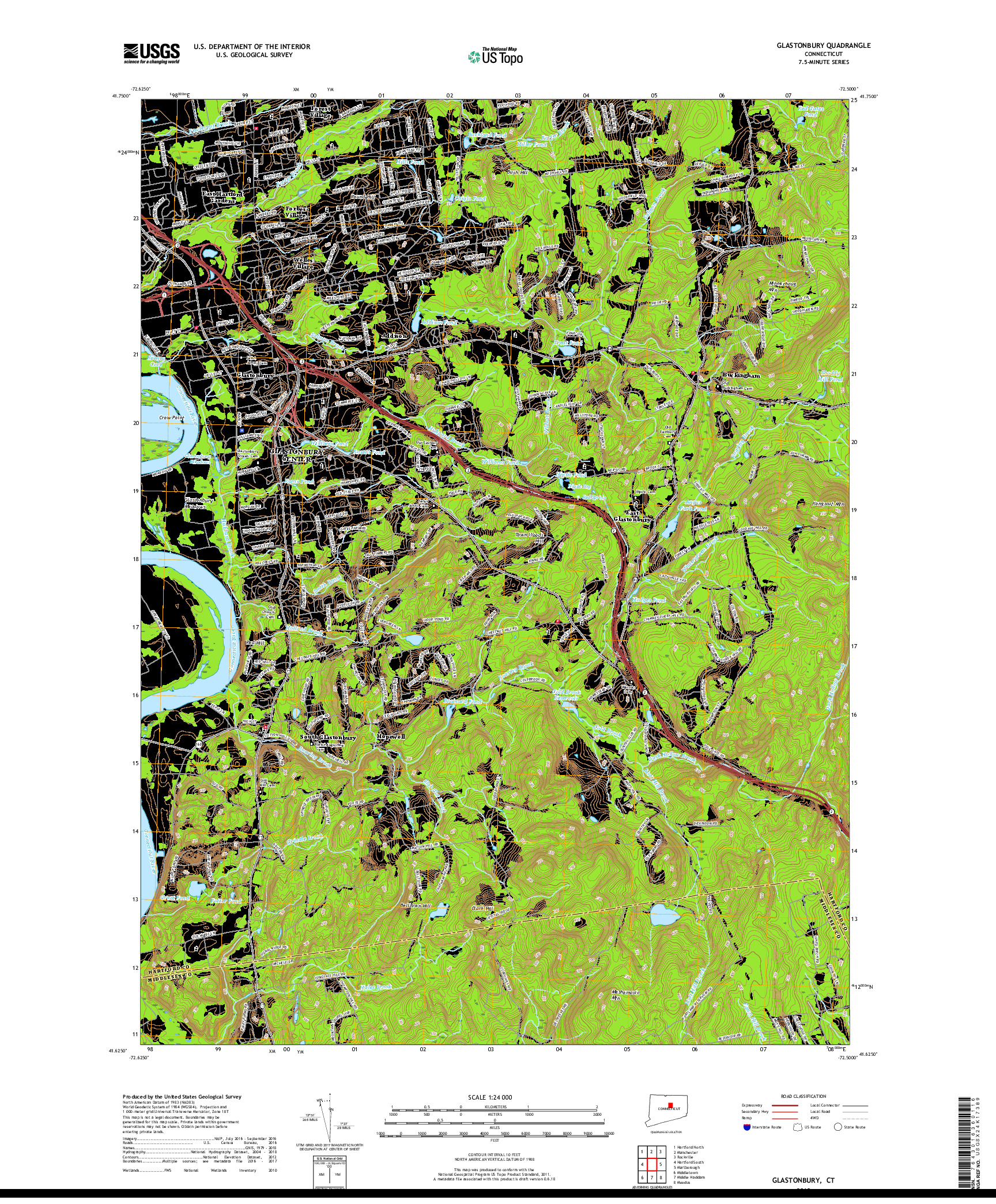 USGS US TOPO 7.5-MINUTE MAP FOR GLASTONBURY, CT 2018