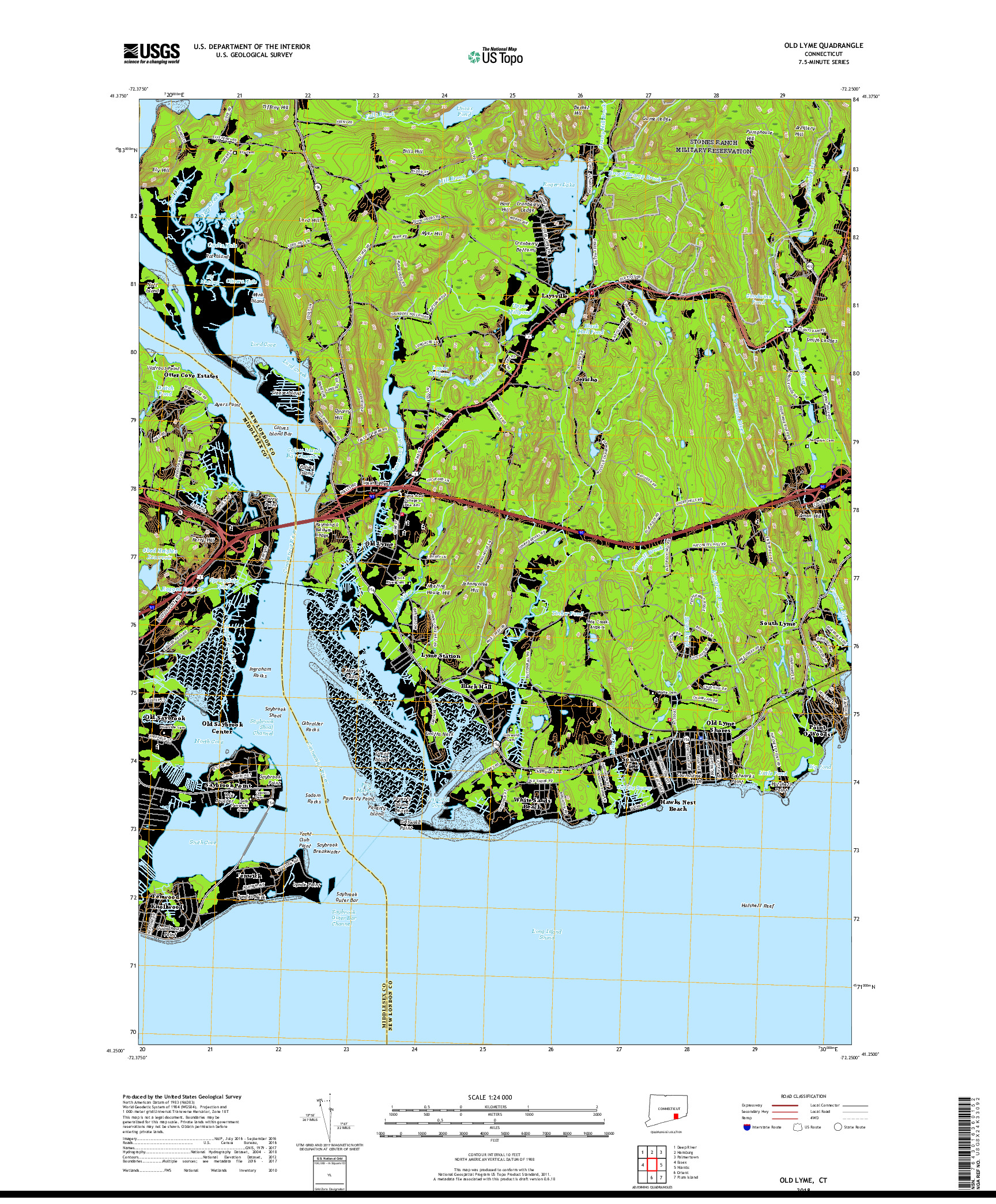 USGS US TOPO 7.5-MINUTE MAP FOR OLD LYME, CT 2018