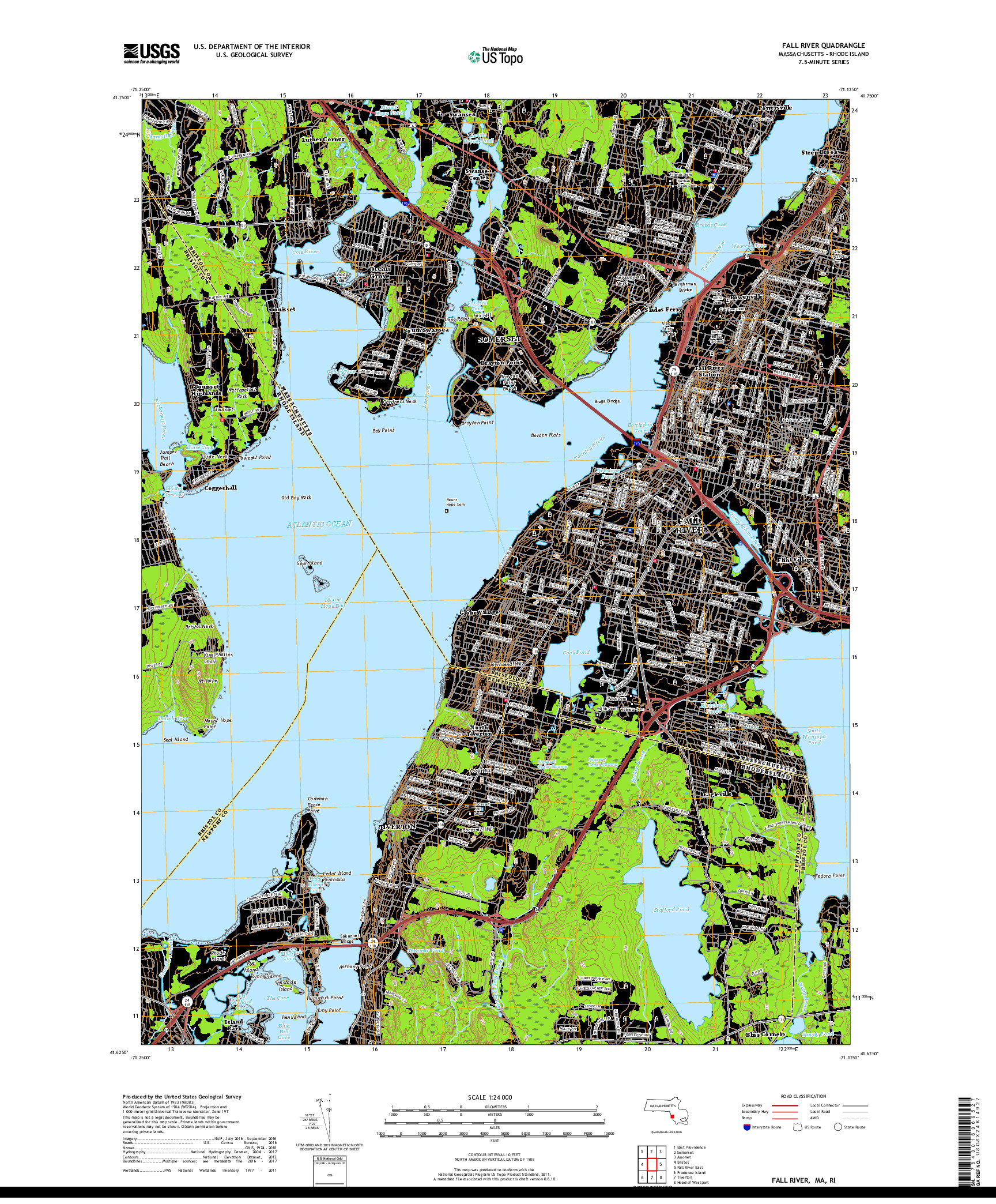 USGS US TOPO 7.5-MINUTE MAP FOR FALL RIVER, MA,RI 2018