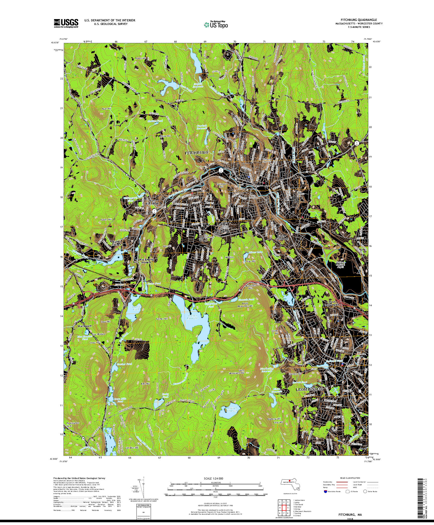 USGS US TOPO 7.5-MINUTE MAP FOR FITCHBURG, MA 2018