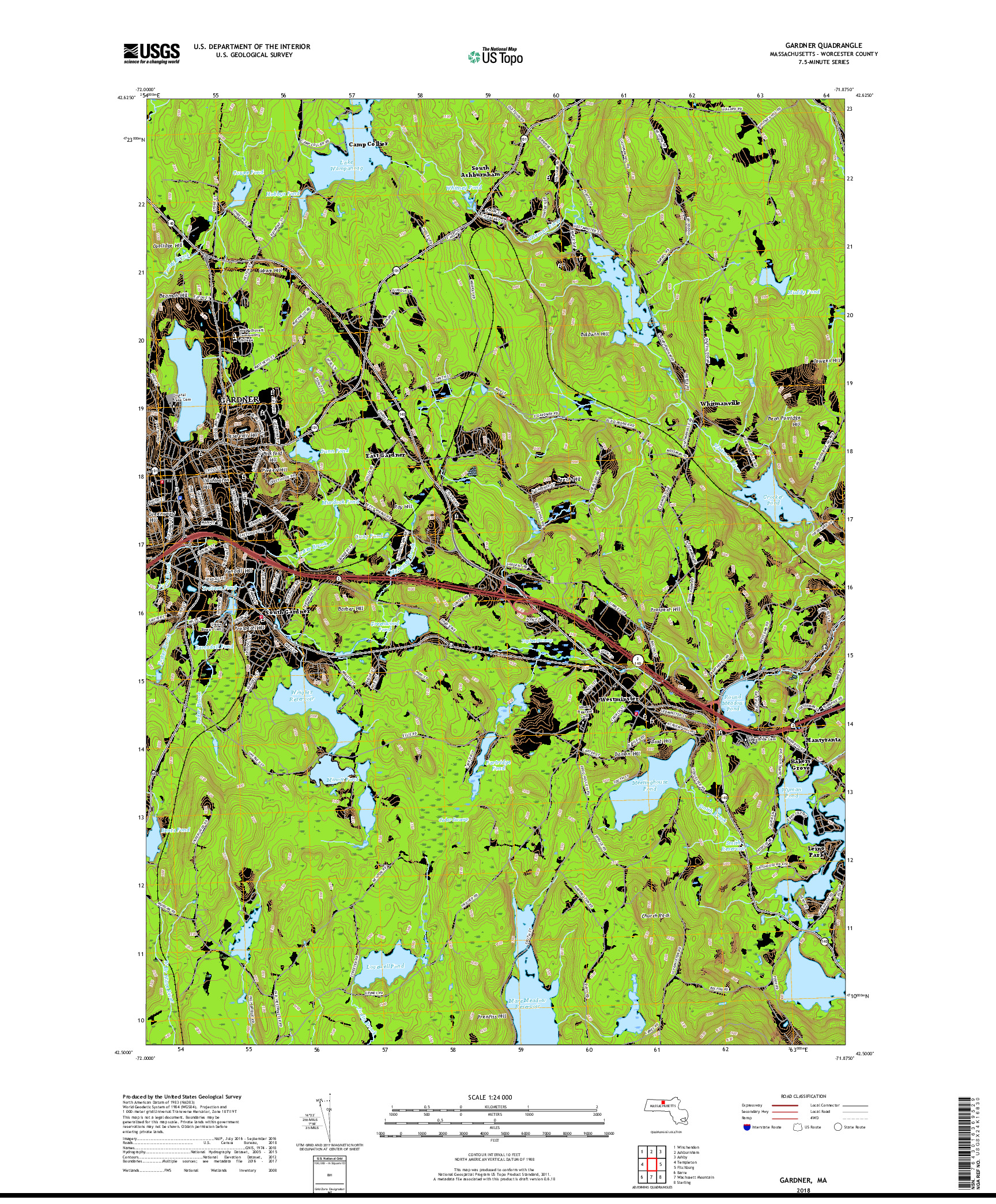 USGS US TOPO 7.5-MINUTE MAP FOR GARDNER, MA 2018