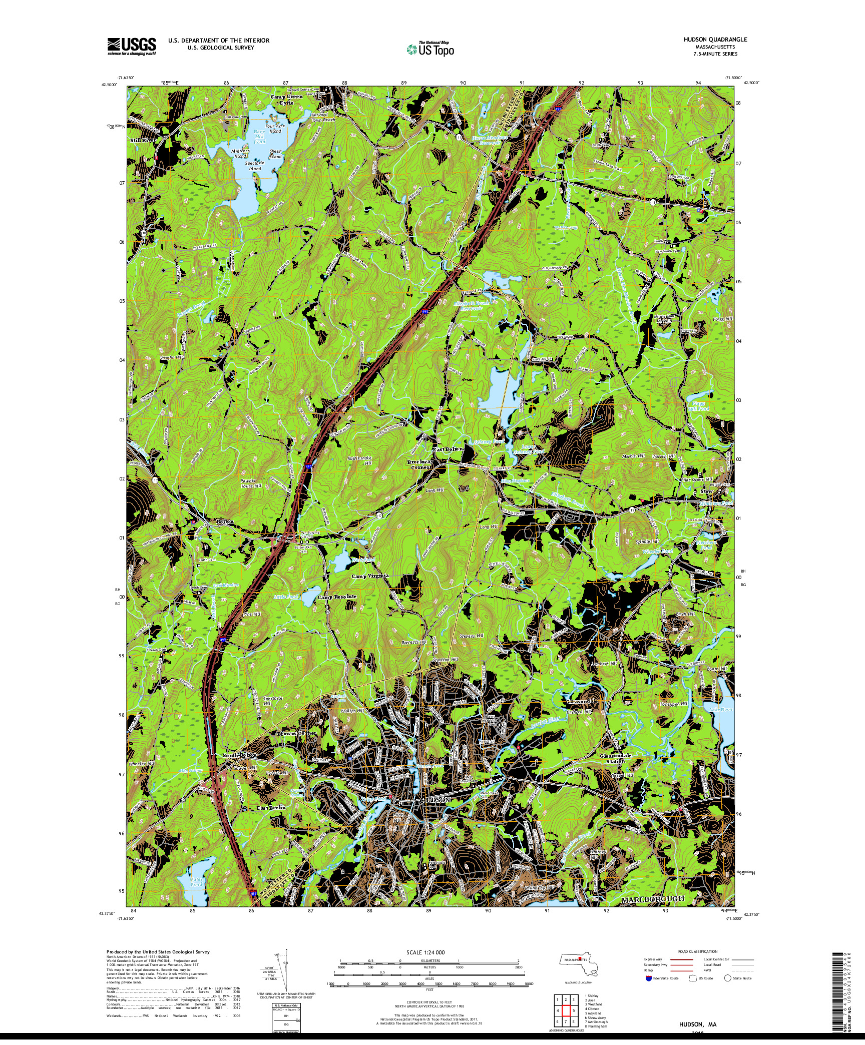 USGS US TOPO 7.5-MINUTE MAP FOR HUDSON, MA 2018