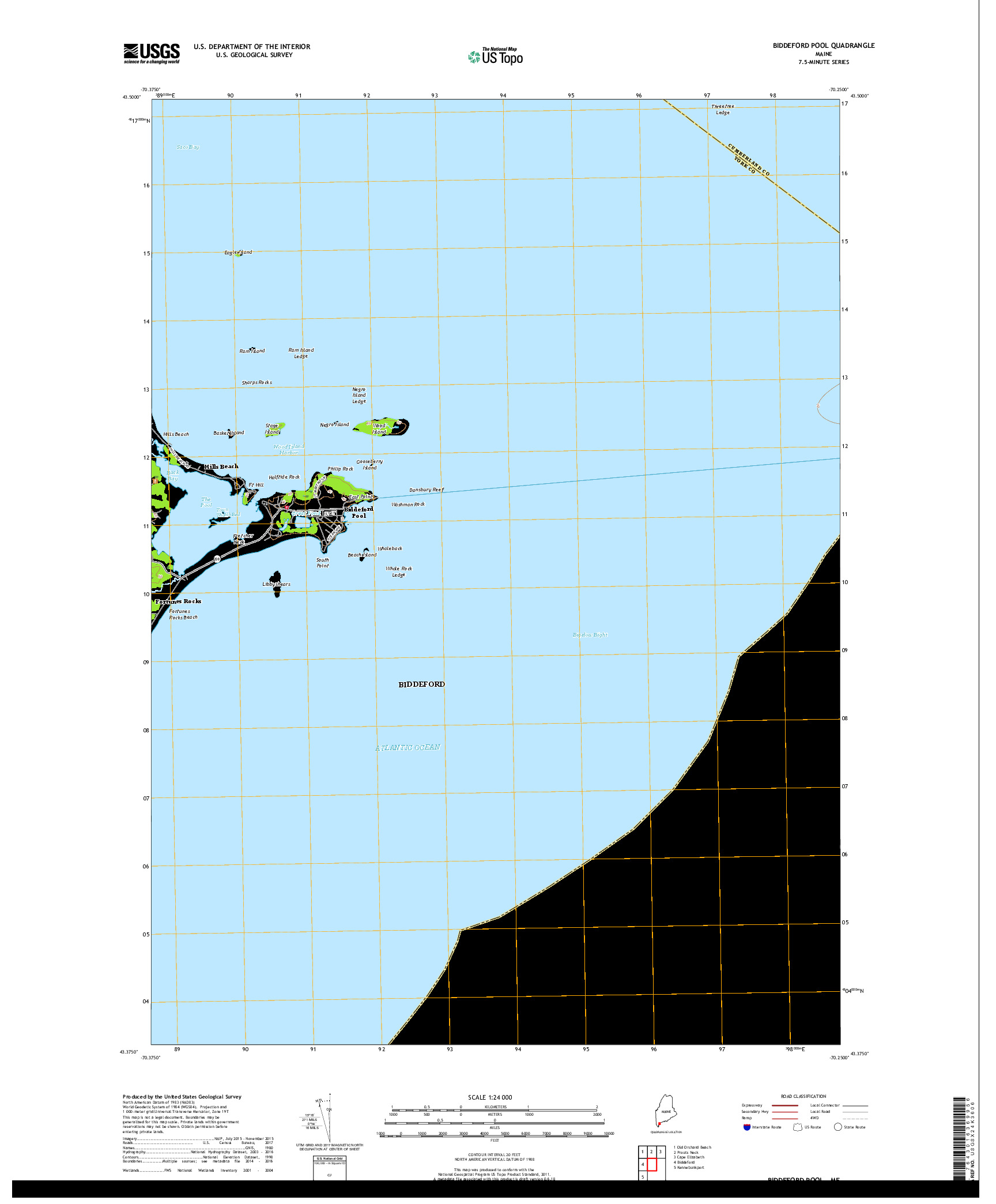 USGS US TOPO 7.5-MINUTE MAP FOR BIDDEFORD POOL, ME 2018