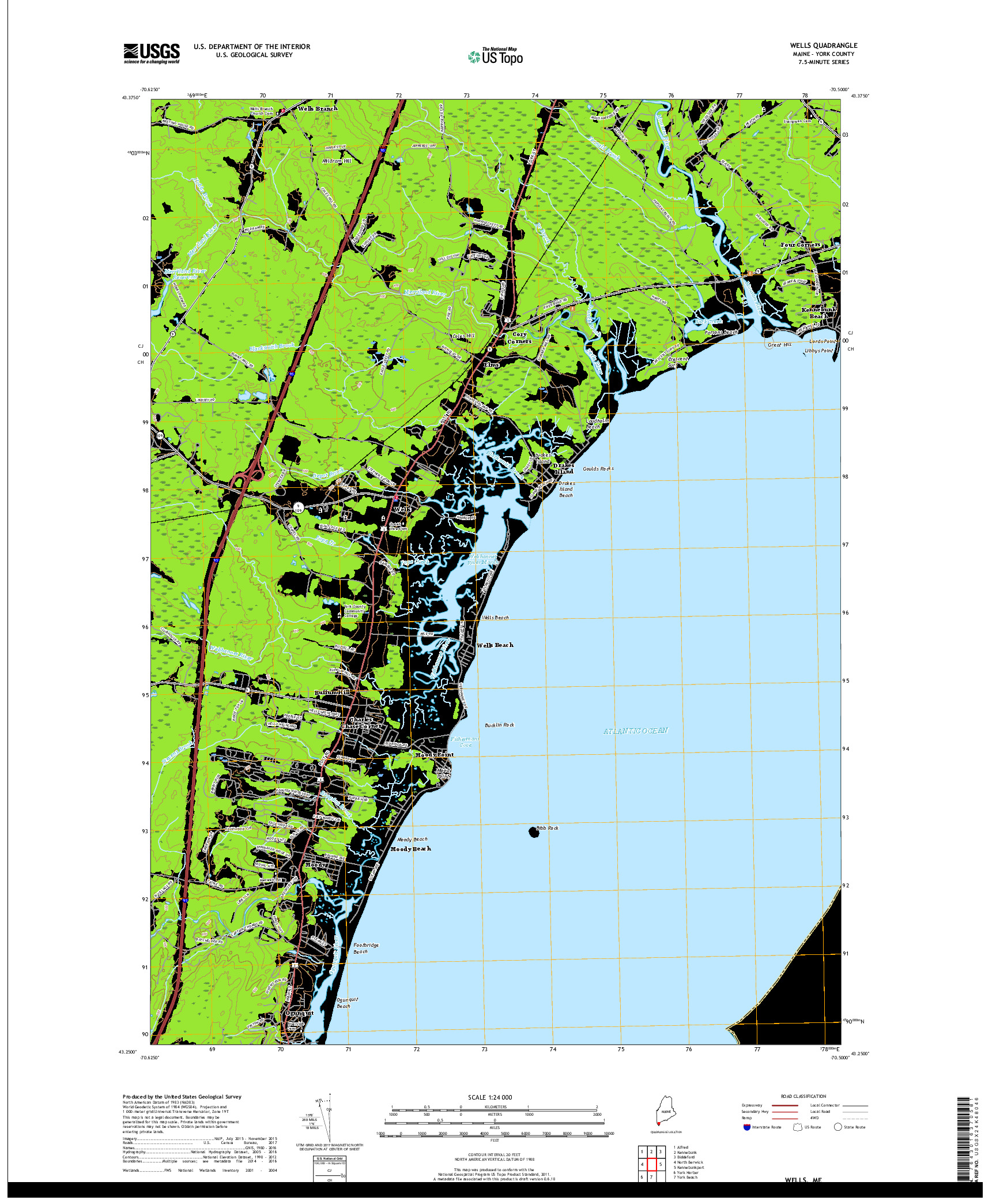 USGS US TOPO 7.5-MINUTE MAP FOR WELLS, ME 2018