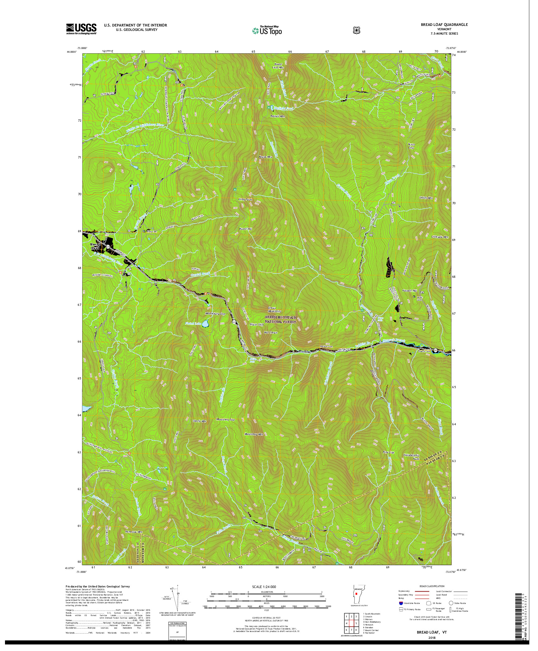 USGS US TOPO 7.5-MINUTE MAP FOR BREAD LOAF, VT 2018