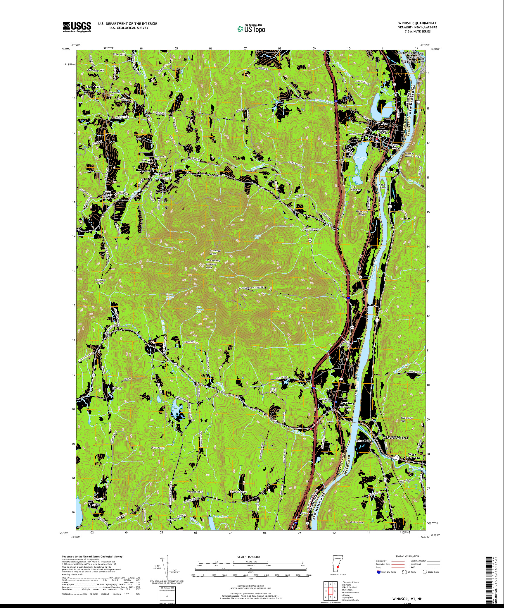 USGS US TOPO 7.5-MINUTE MAP FOR WINDSOR, VT,NH 2018