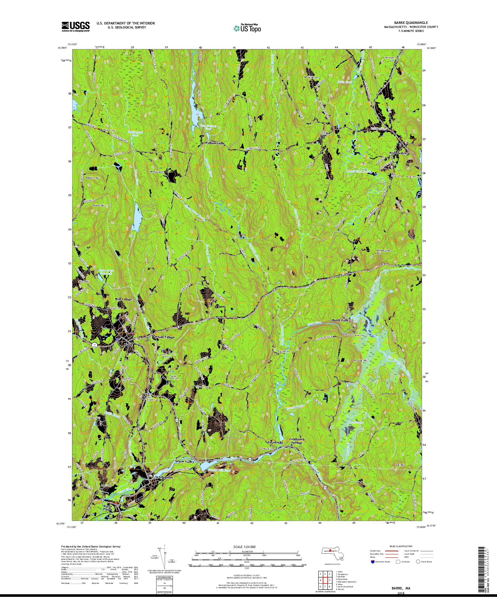 USGS US TOPO 7.5-MINUTE MAP FOR BARRE, MA 2018