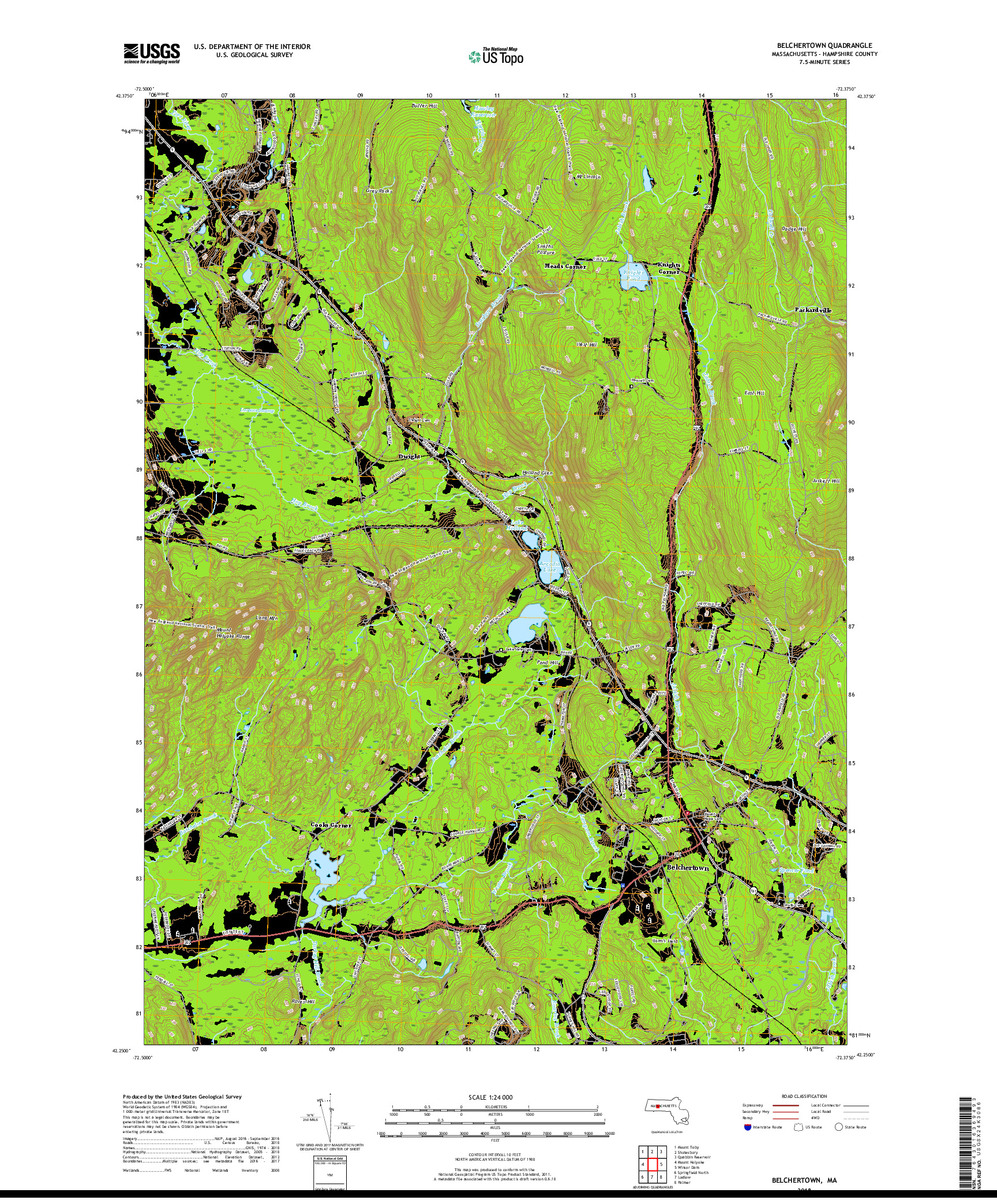 USGS US TOPO 7.5-MINUTE MAP FOR BELCHERTOWN, MA 2018