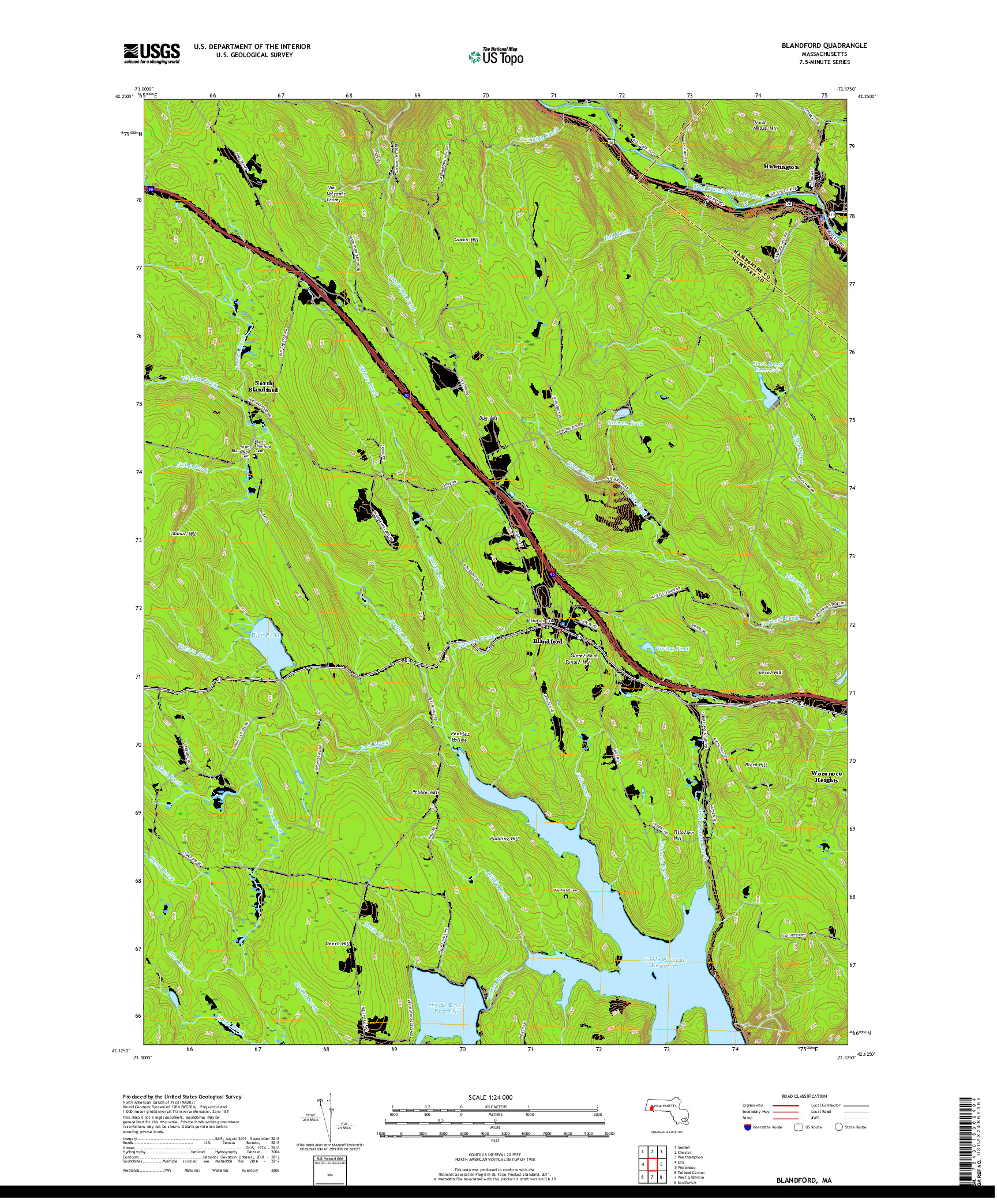 USGS US TOPO 7.5-MINUTE MAP FOR BLANDFORD, MA 2018