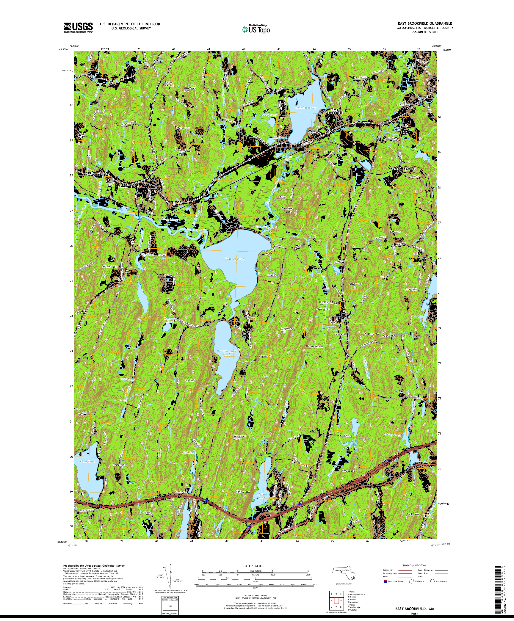 USGS US TOPO 7.5-MINUTE MAP FOR EAST BROOKFIELD, MA 2018