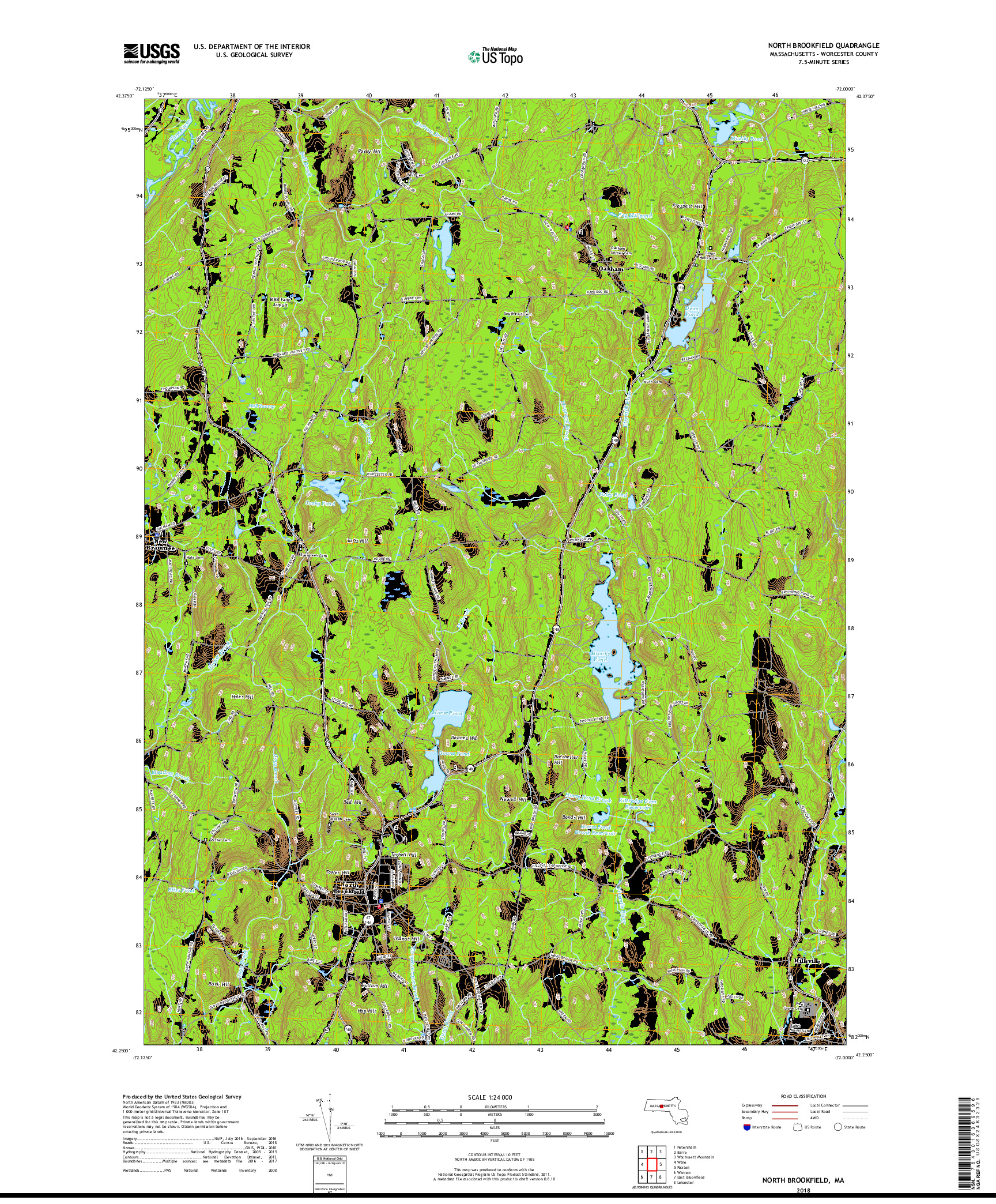 USGS US TOPO 7.5-MINUTE MAP FOR NORTH BROOKFIELD, MA 2018