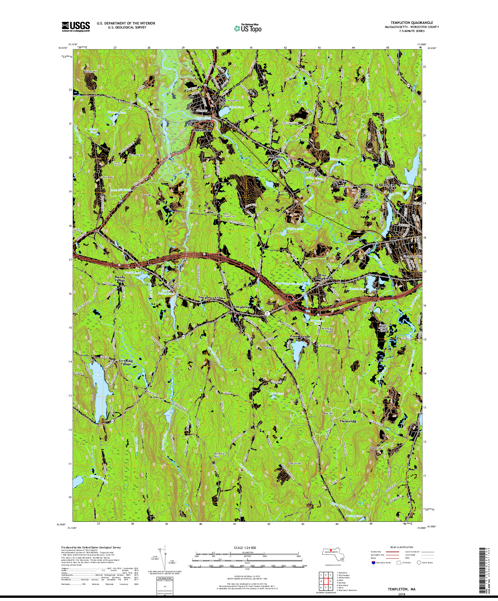 USGS US TOPO 7.5-MINUTE MAP FOR TEMPLETON, MA 2018