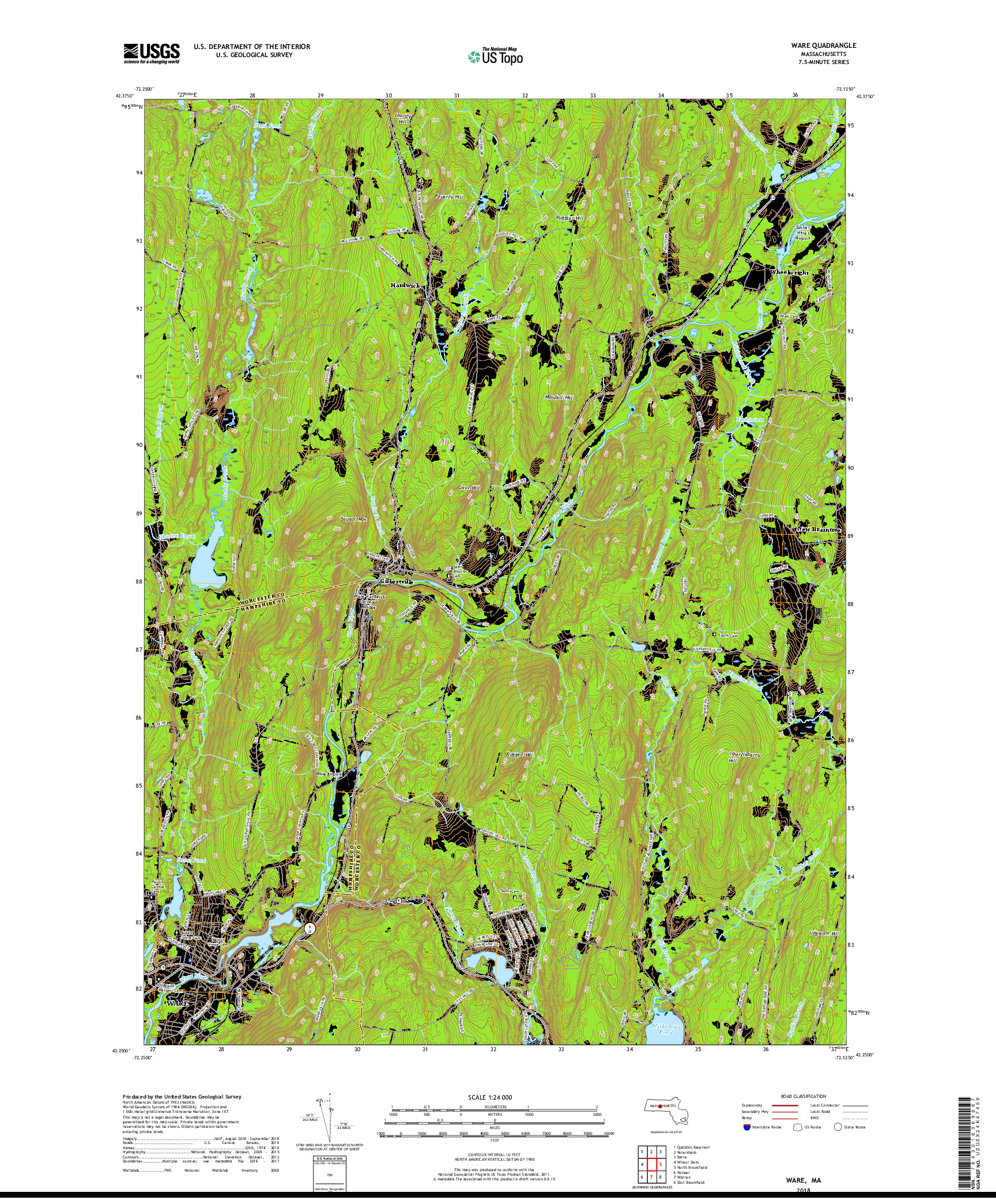 USGS US TOPO 7.5-MINUTE MAP FOR WARE, MA 2018