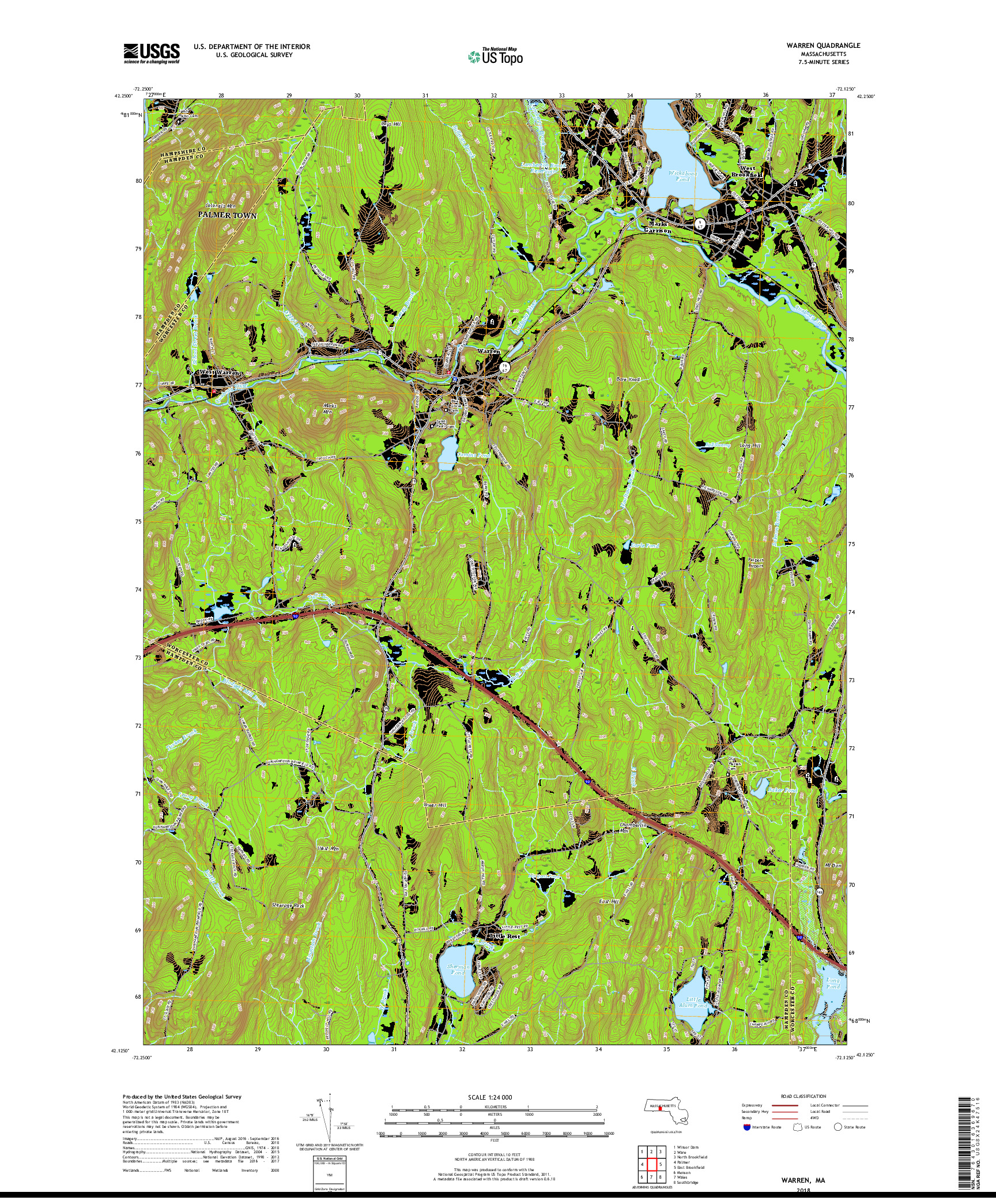 USGS US TOPO 7.5-MINUTE MAP FOR WARREN, MA 2018