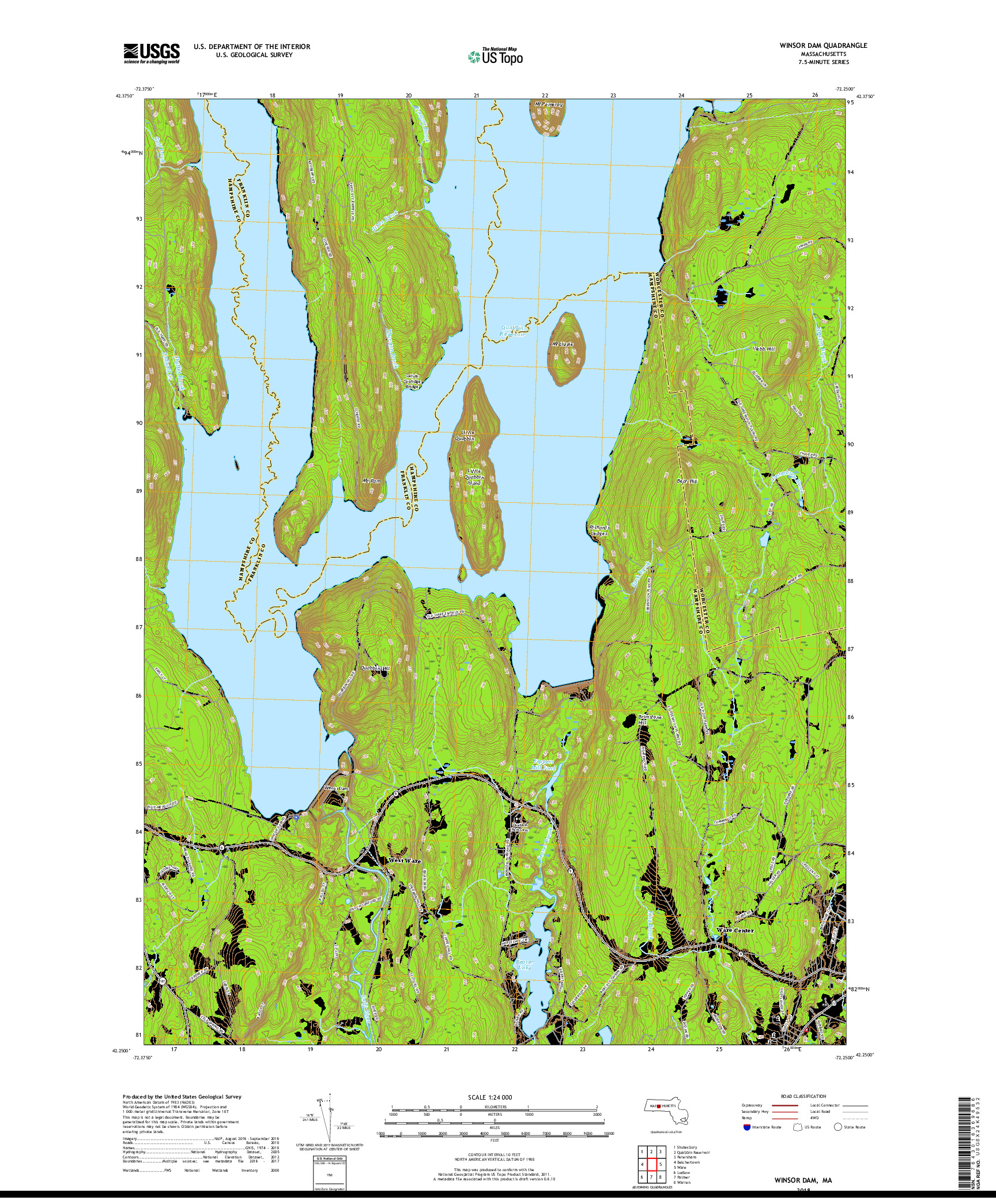 USGS US TOPO 7.5-MINUTE MAP FOR WINSOR DAM, MA 2018