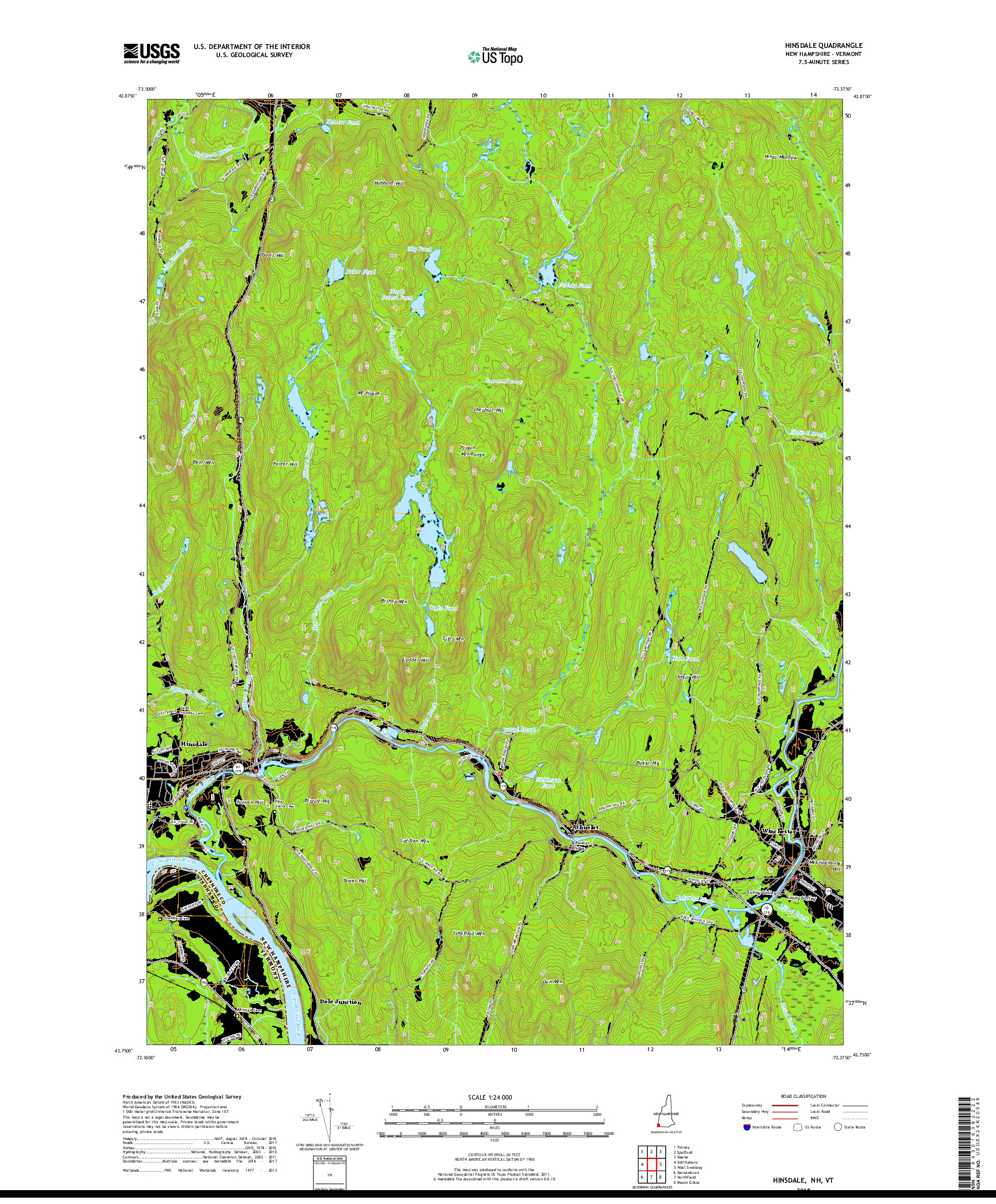 USGS US TOPO 7.5-MINUTE MAP FOR HINSDALE, NH,VT 2018