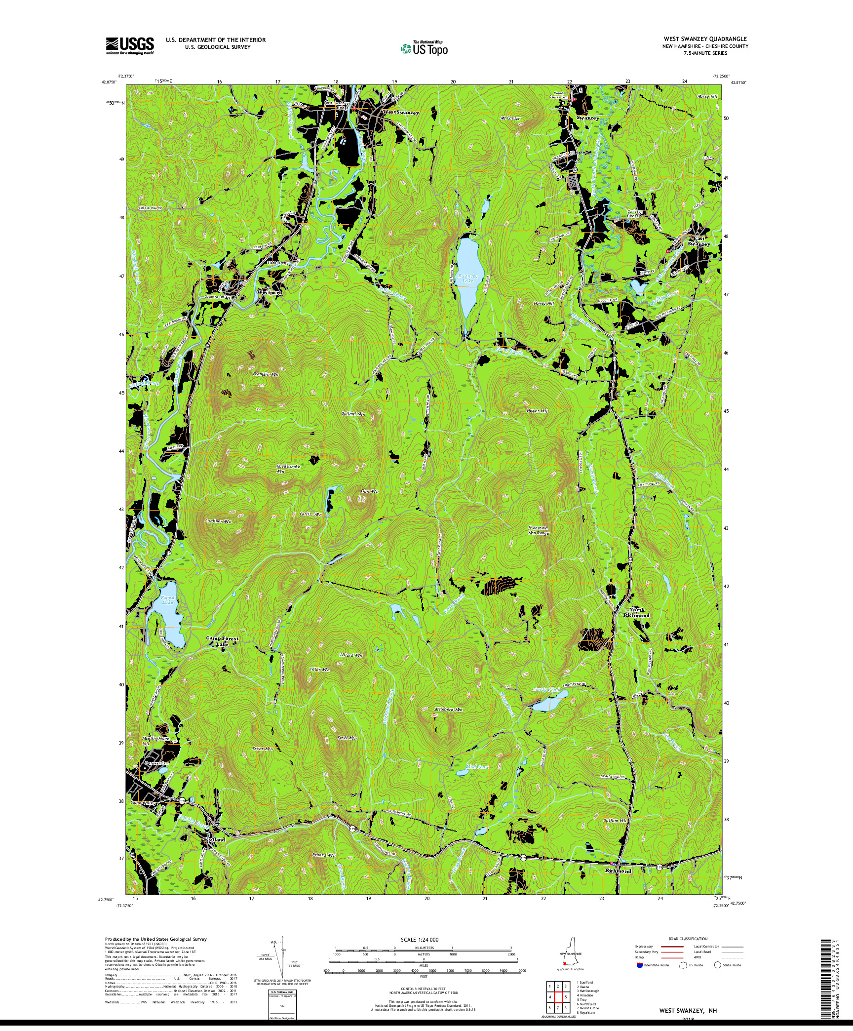 USGS US TOPO 7.5-MINUTE MAP FOR WEST SWANZEY, NH 2018