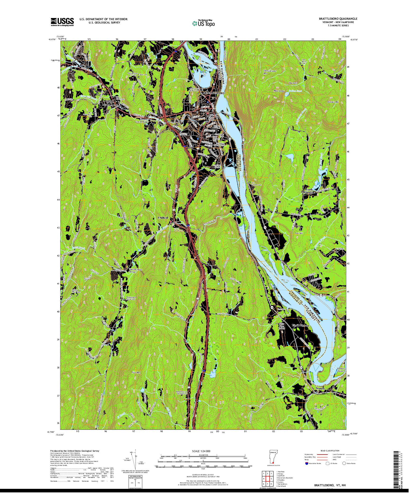 USGS US TOPO 7.5-MINUTE MAP FOR BRATTLEBORO, VT,NH 2018