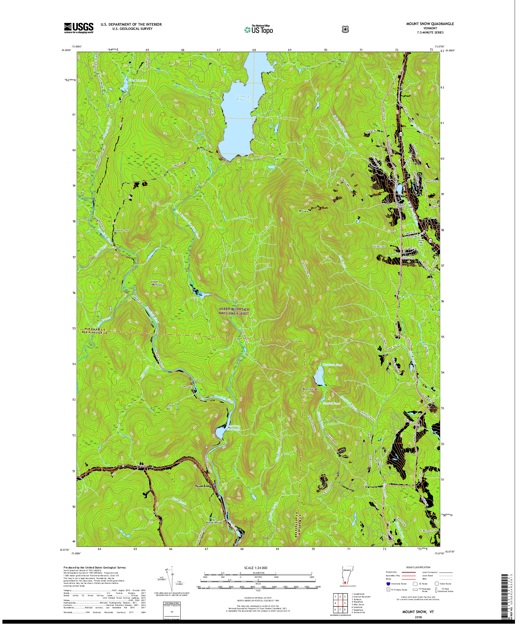 USGS US TOPO 7.5-MINUTE MAP FOR MOUNT SNOW, VT 2018