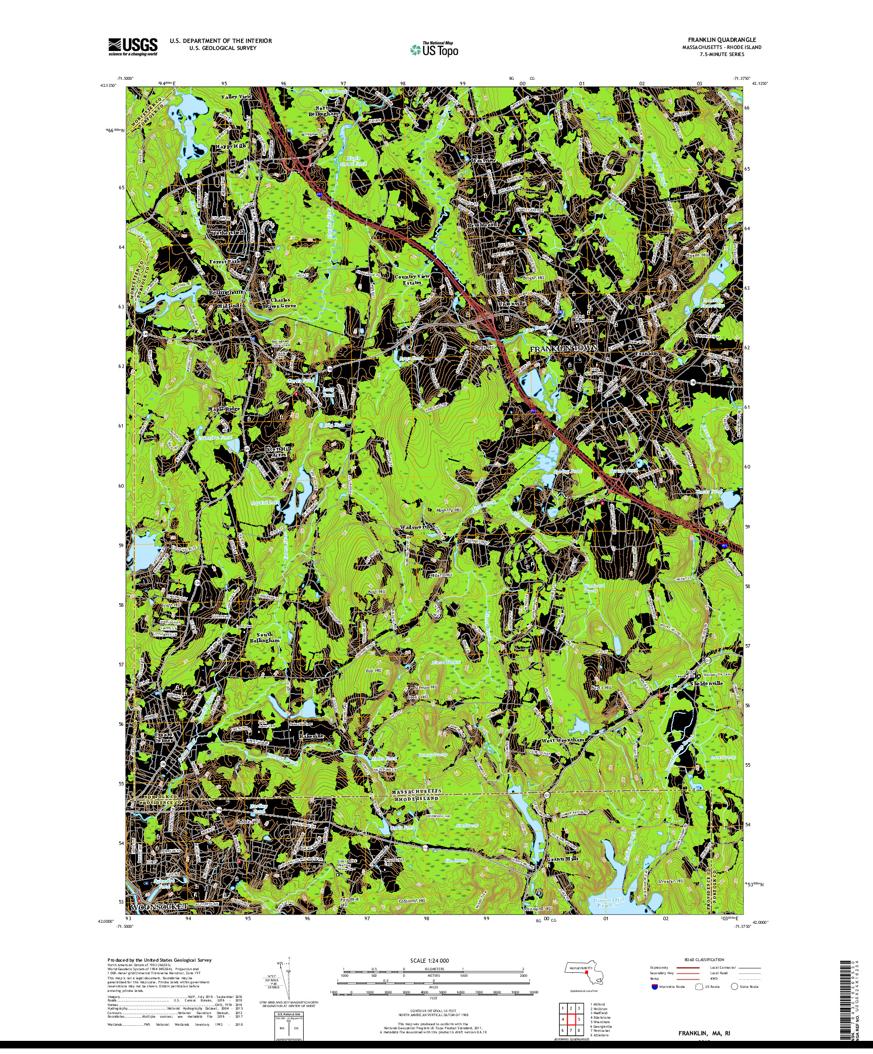 USGS US TOPO 7.5-MINUTE MAP FOR FRANKLIN, MA,RI 2018