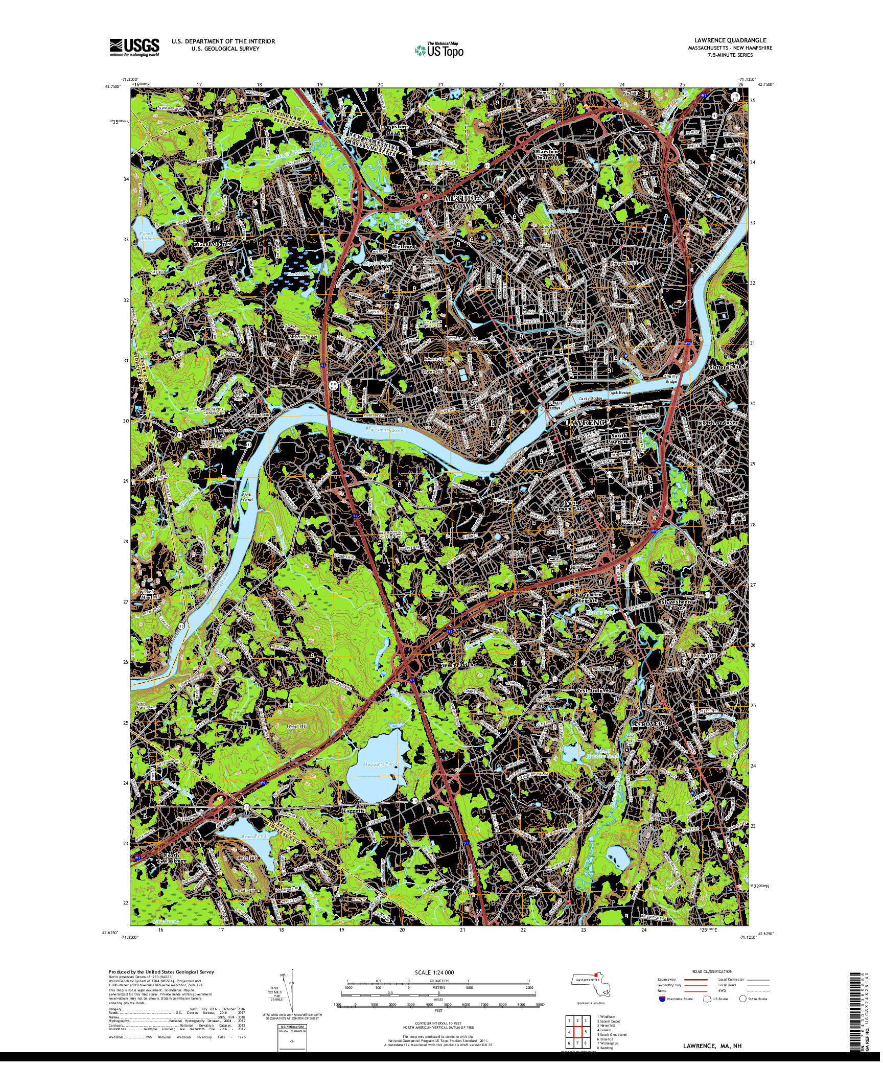 USGS US TOPO 7.5-MINUTE MAP FOR LAWRENCE, MA,NH 2018