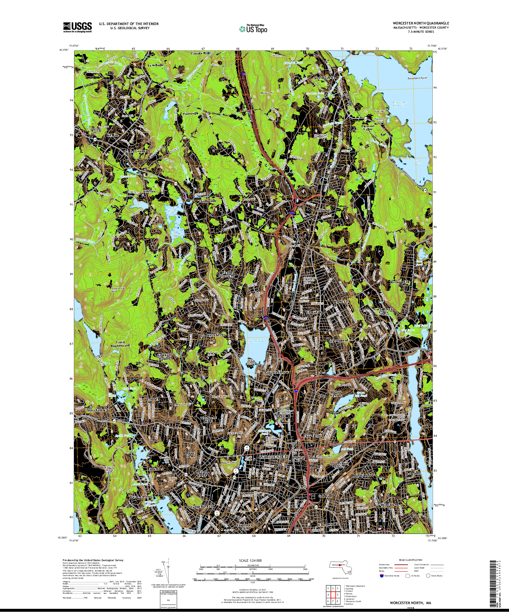 USGS US TOPO 7.5-MINUTE MAP FOR WORCESTER NORTH, MA 2018