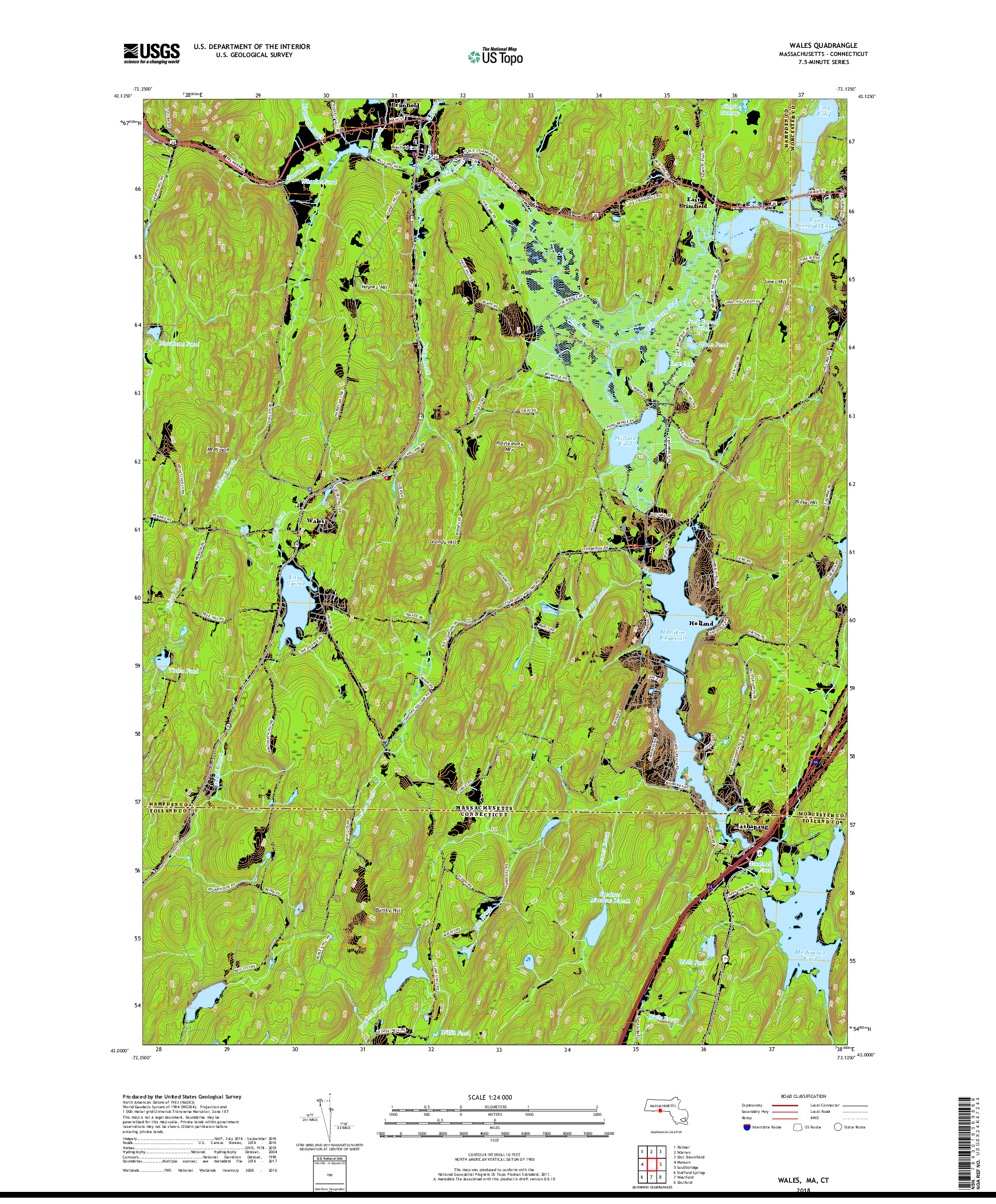 USGS US TOPO 7.5-MINUTE MAP FOR WALES, MA,CT 2018