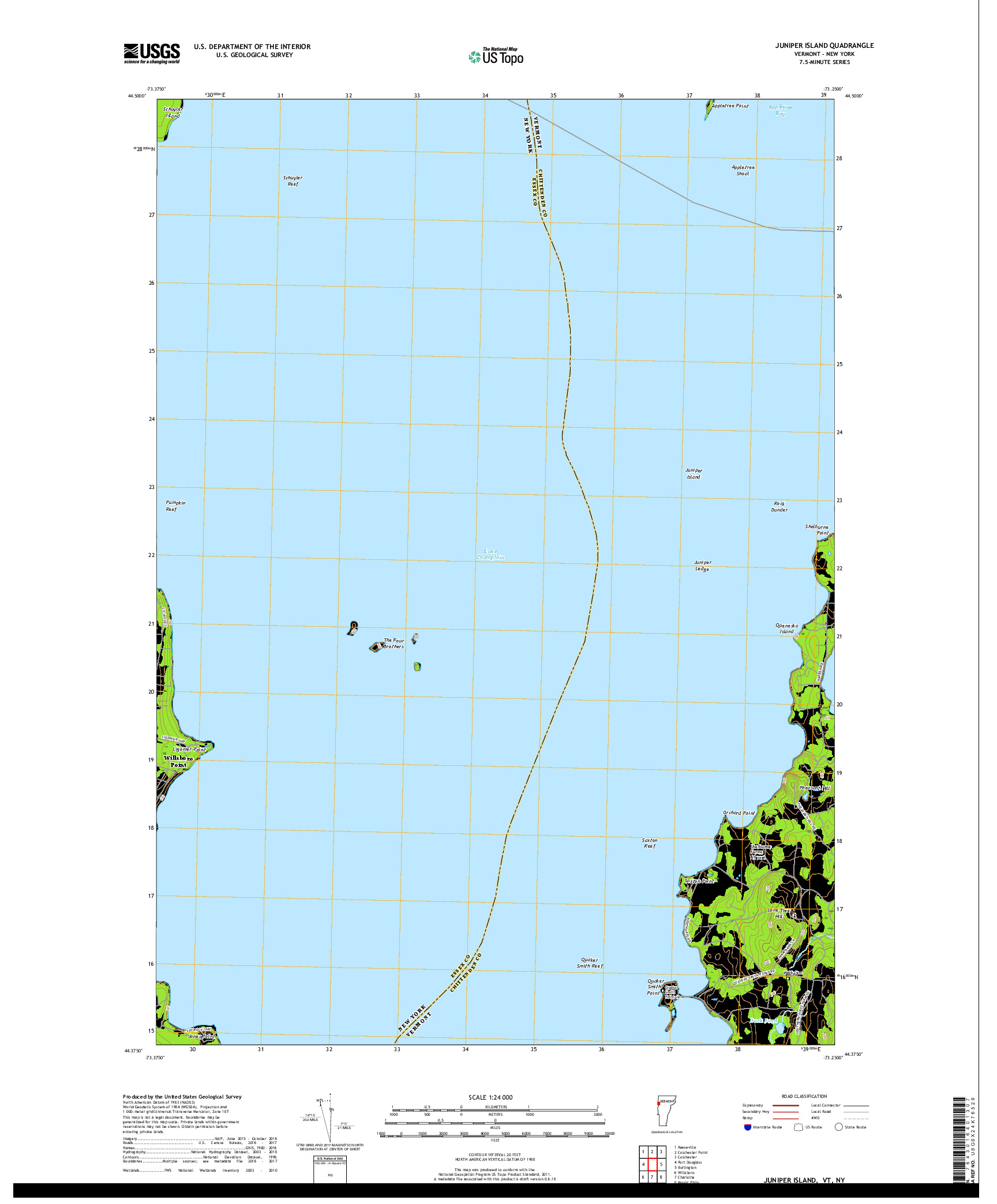 USGS US TOPO 7.5-MINUTE MAP FOR JUNIPER ISLAND, VT,NY 2018