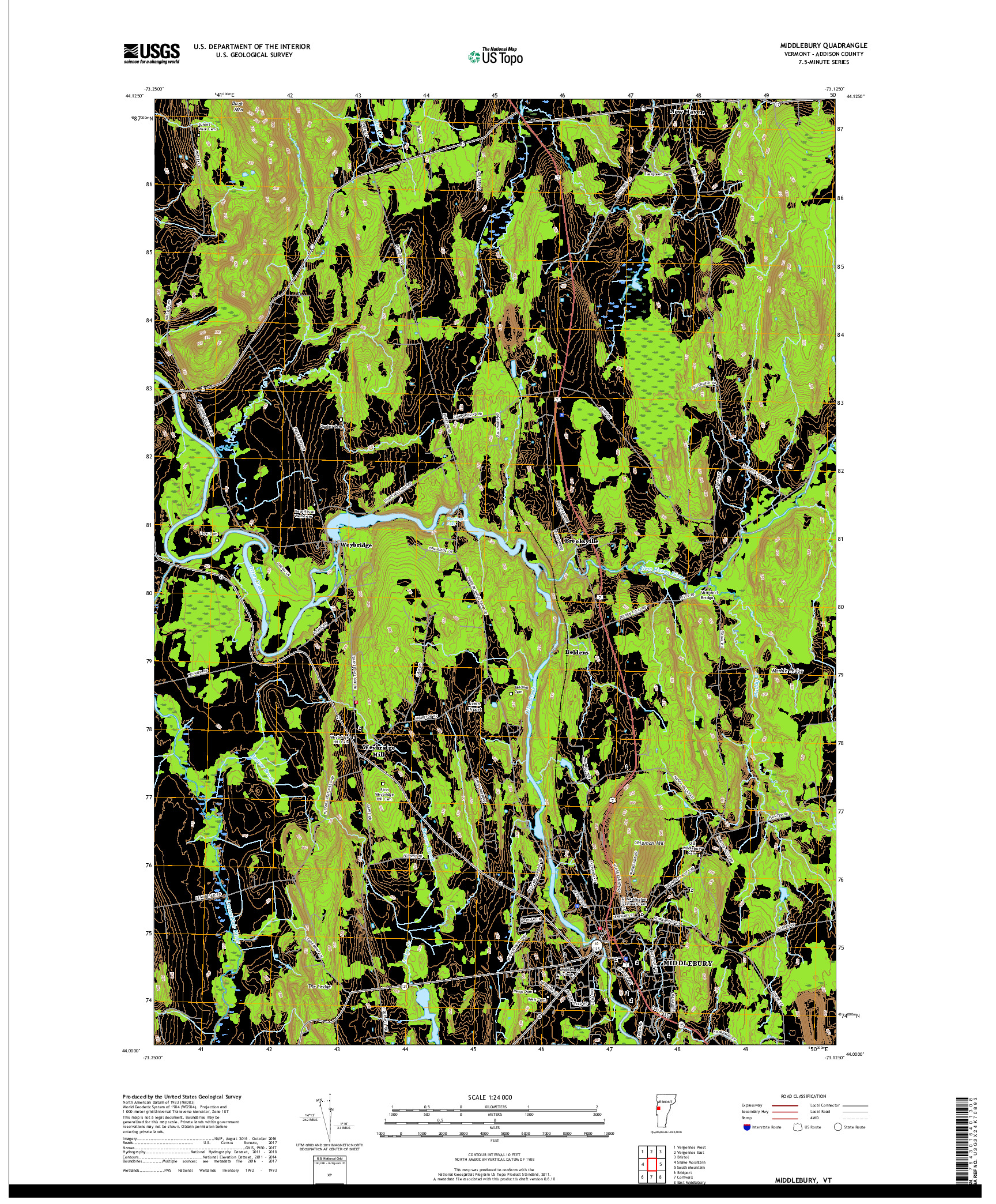 USGS US TOPO 7.5-MINUTE MAP FOR MIDDLEBURY, VT 2018