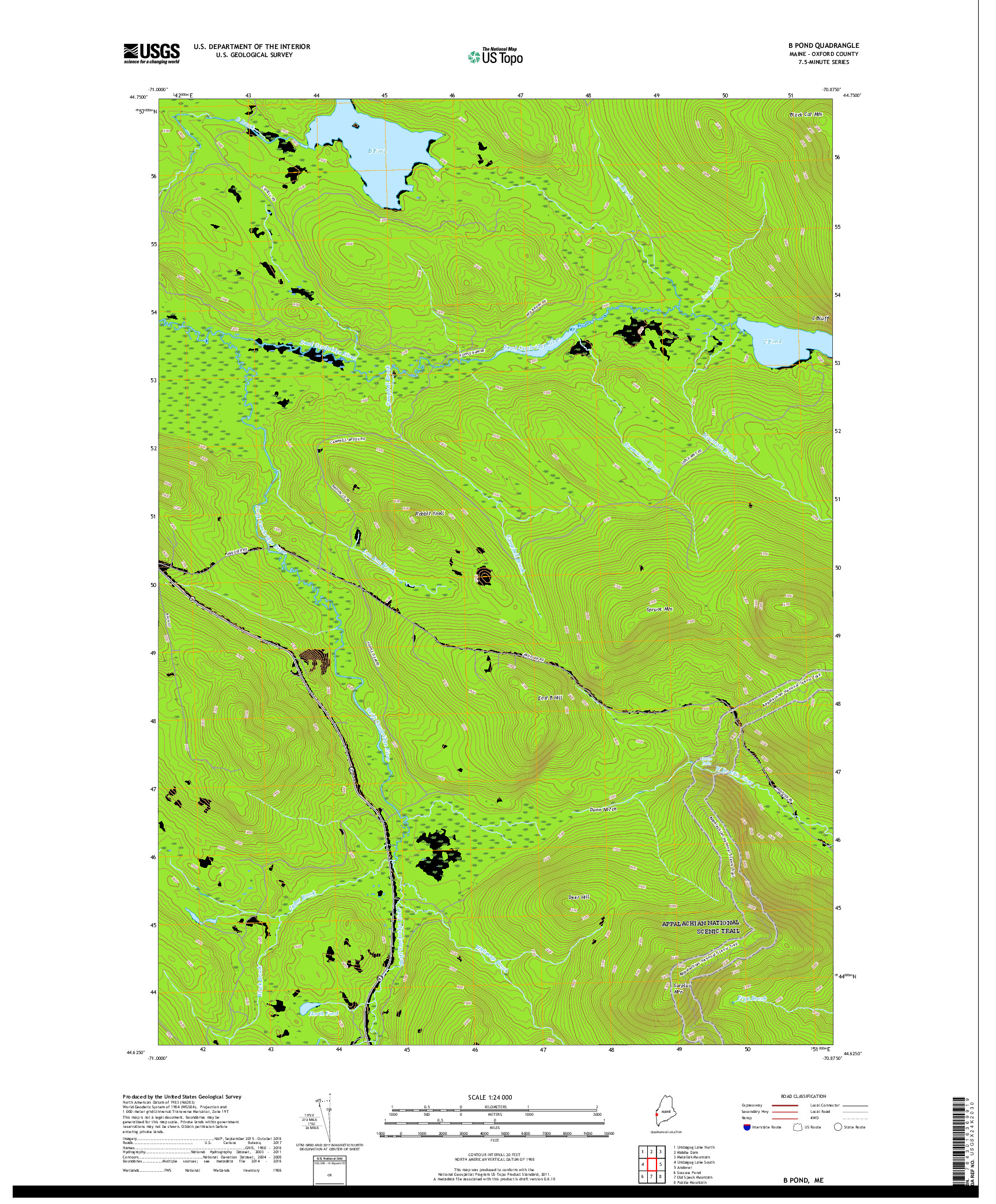 USGS US TOPO 7.5-MINUTE MAP FOR B POND, ME 2018