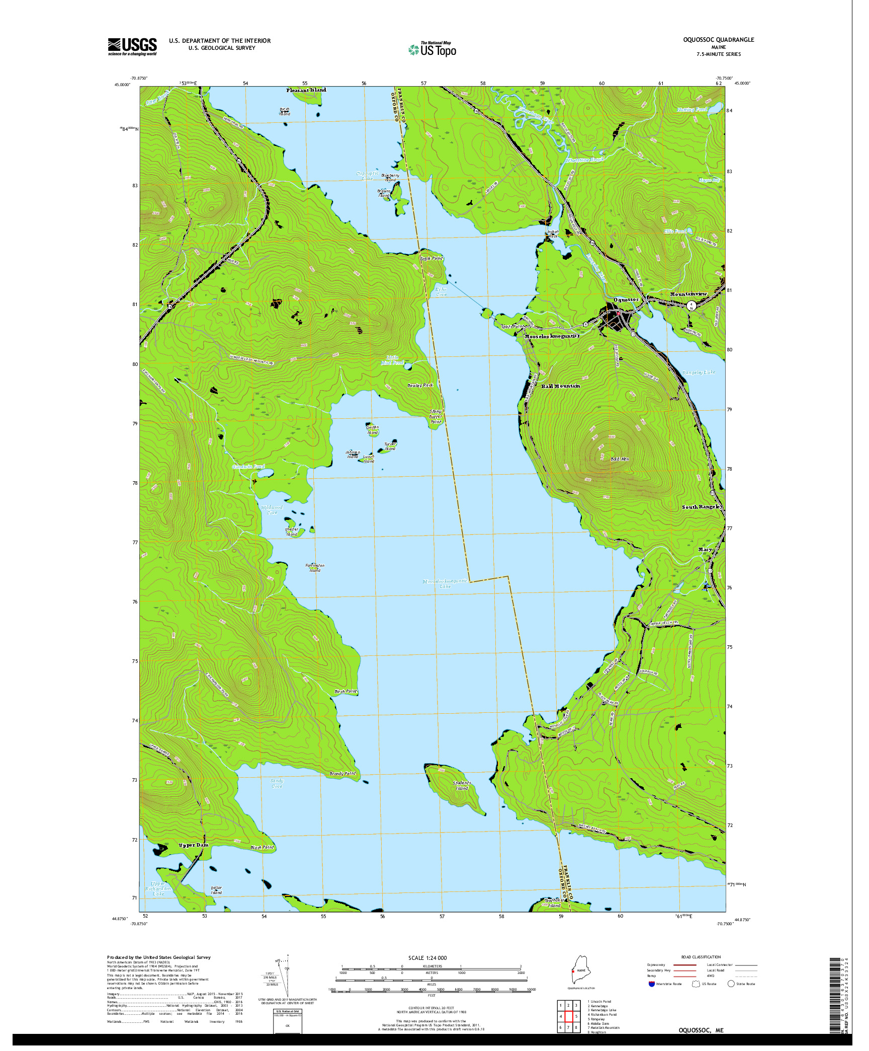 USGS US TOPO 7.5-MINUTE MAP FOR OQUOSSOC, ME 2018