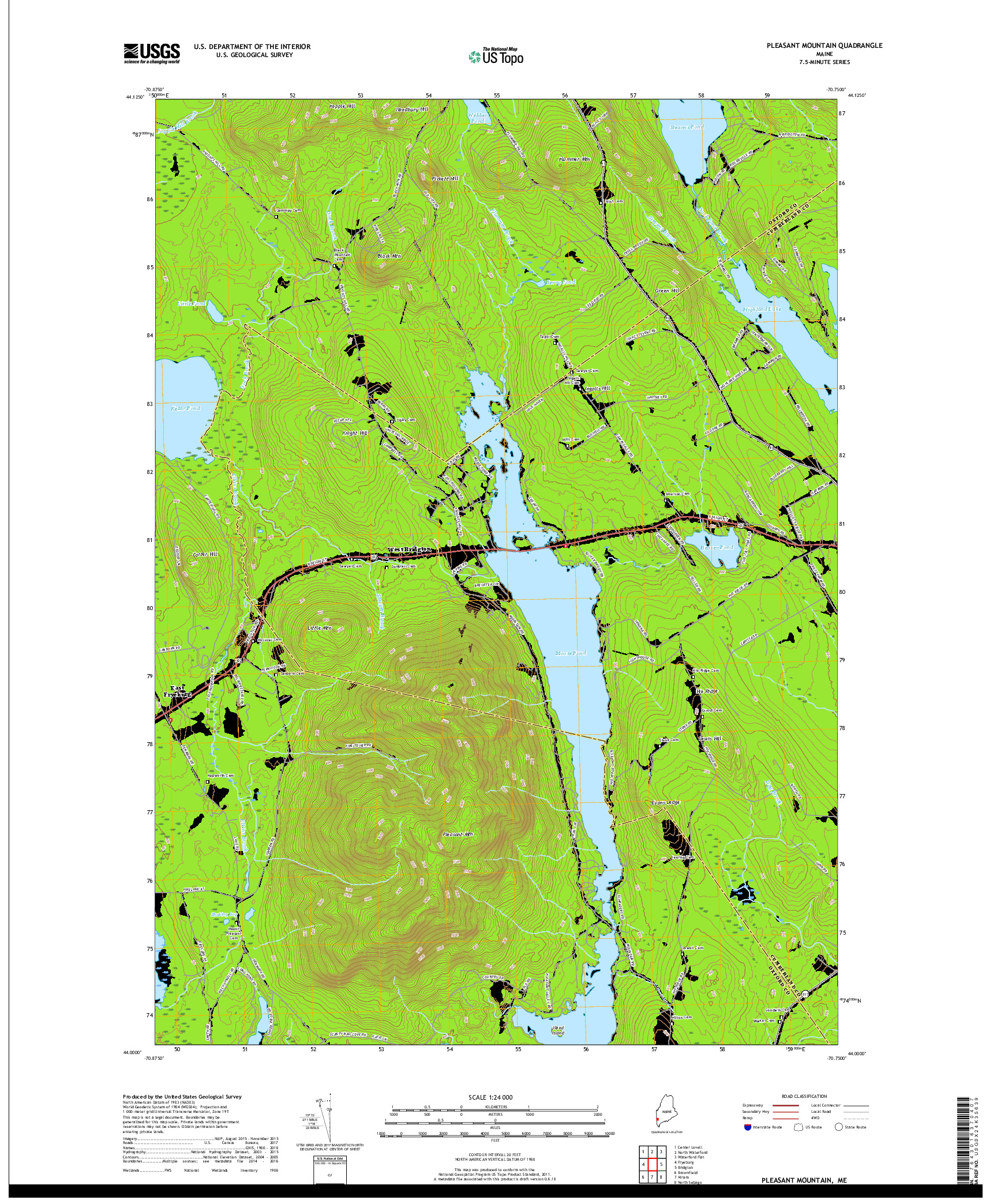 USGS US TOPO 7.5-MINUTE MAP FOR PLEASANT MOUNTAIN, ME 2018