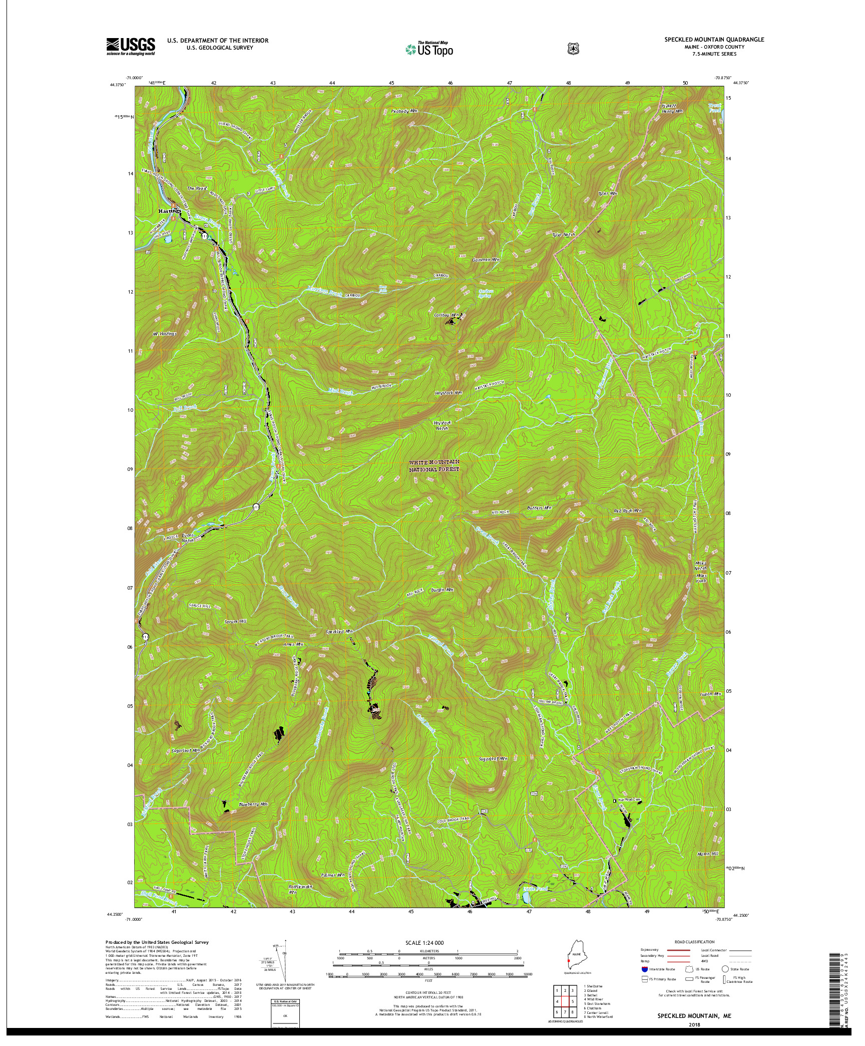 USGS US TOPO 7.5-MINUTE MAP FOR SPECKLED MOUNTAIN, ME 2018