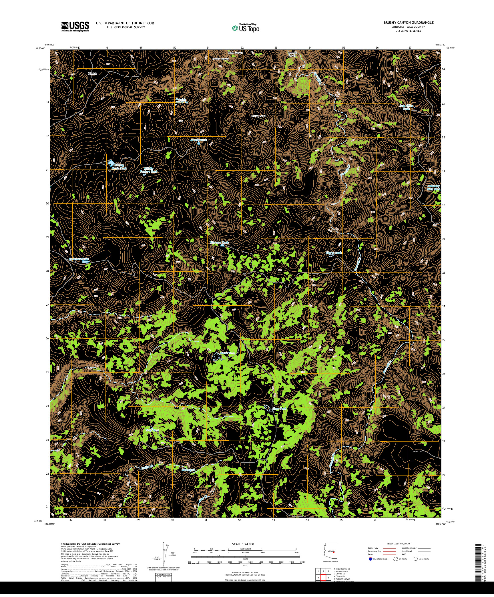 USGS US TOPO 7.5-MINUTE MAP FOR BRUSHY CANYON, AZ 2018