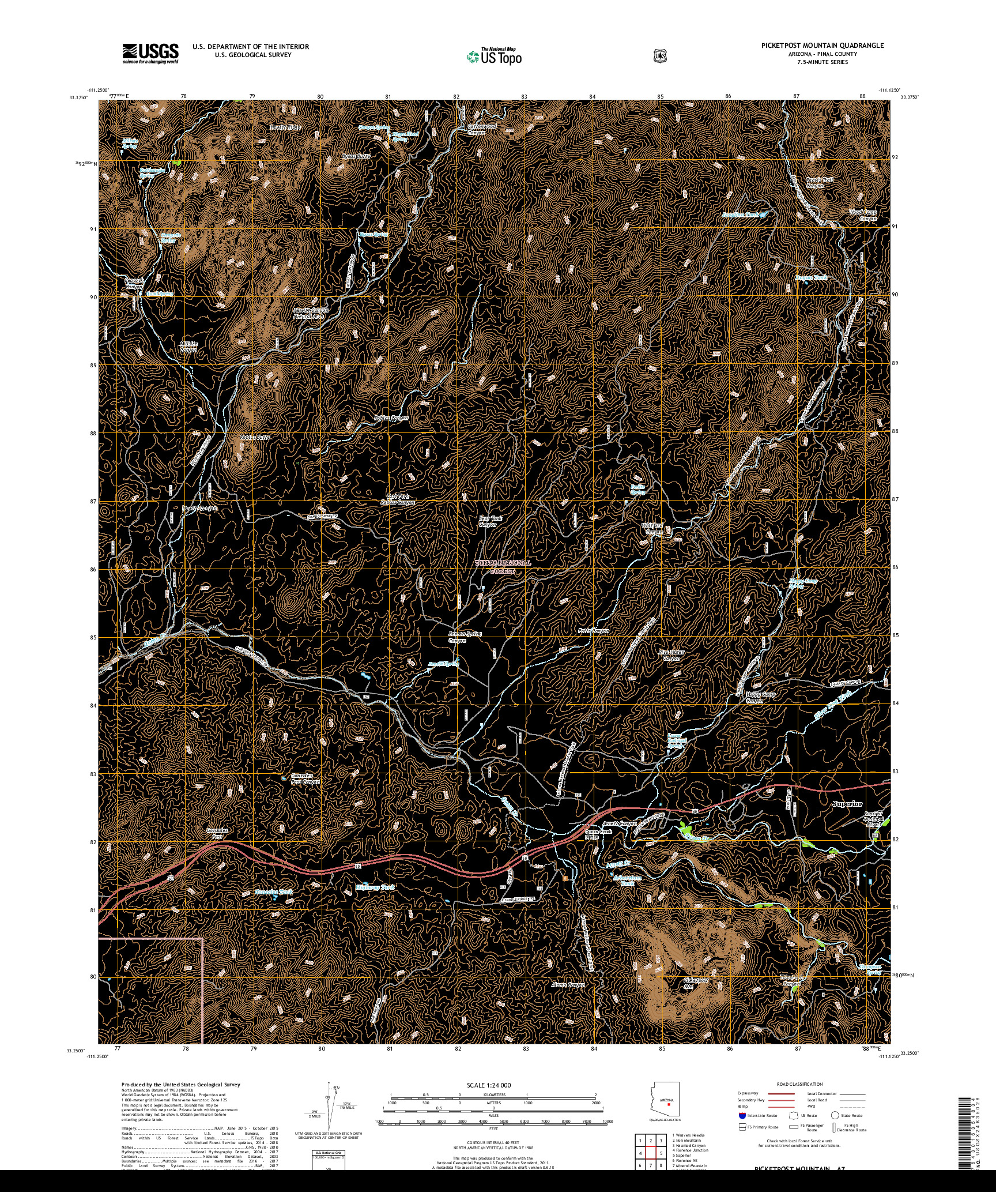 USGS US TOPO 7.5-MINUTE MAP FOR PICKETPOST MOUNTAIN, AZ 2018