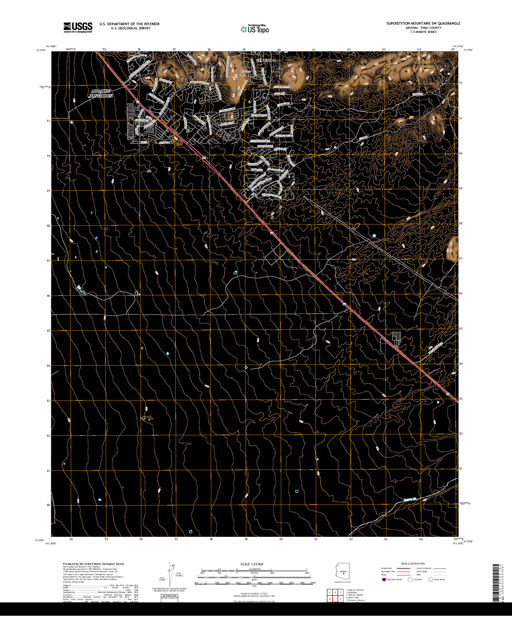 USGS US TOPO 7.5-MINUTE MAP FOR SUPERSTITION MOUNTAINS SW, AZ 2018