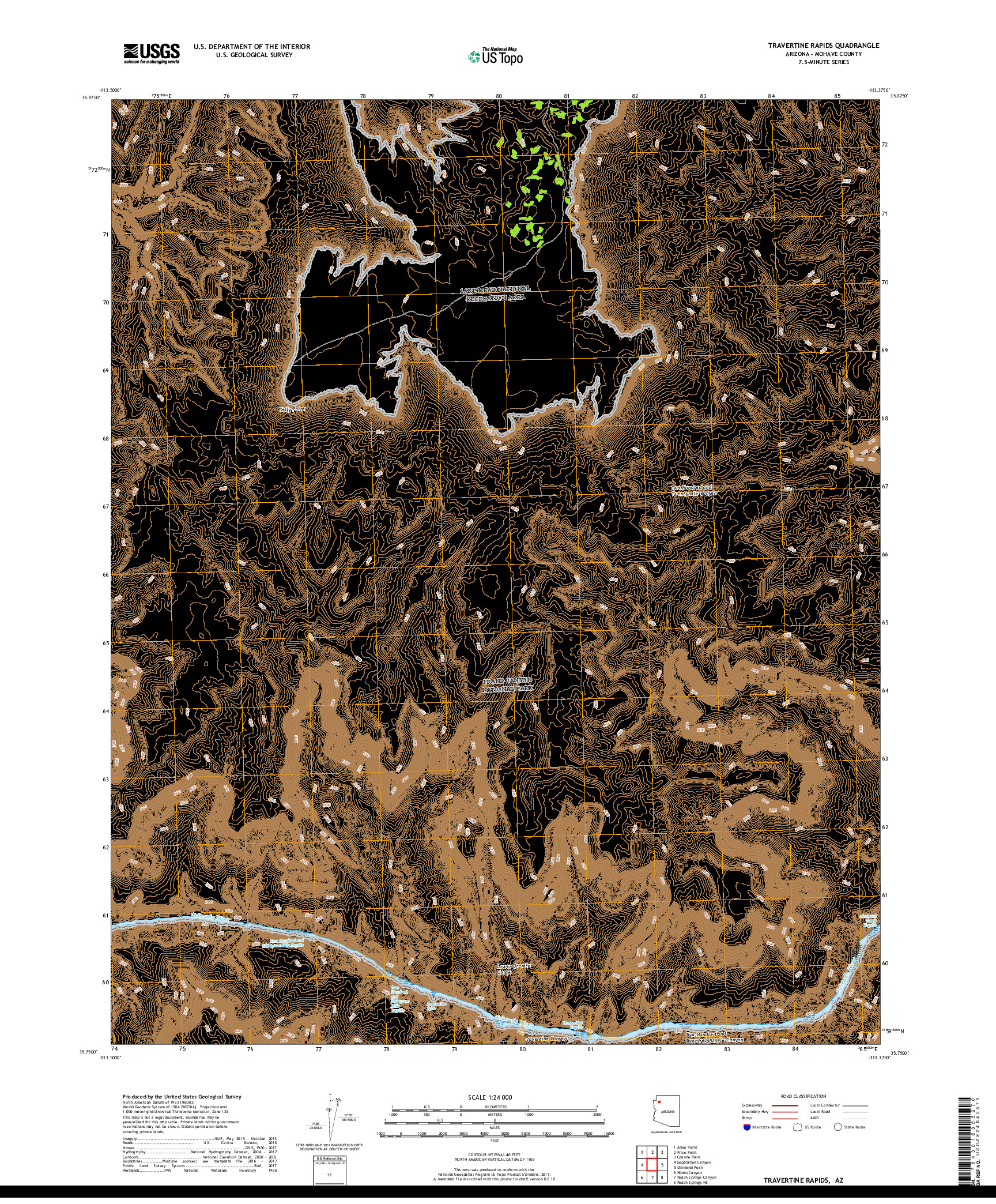 USGS US TOPO 7.5-MINUTE MAP FOR TRAVERTINE RAPIDS, AZ 2018