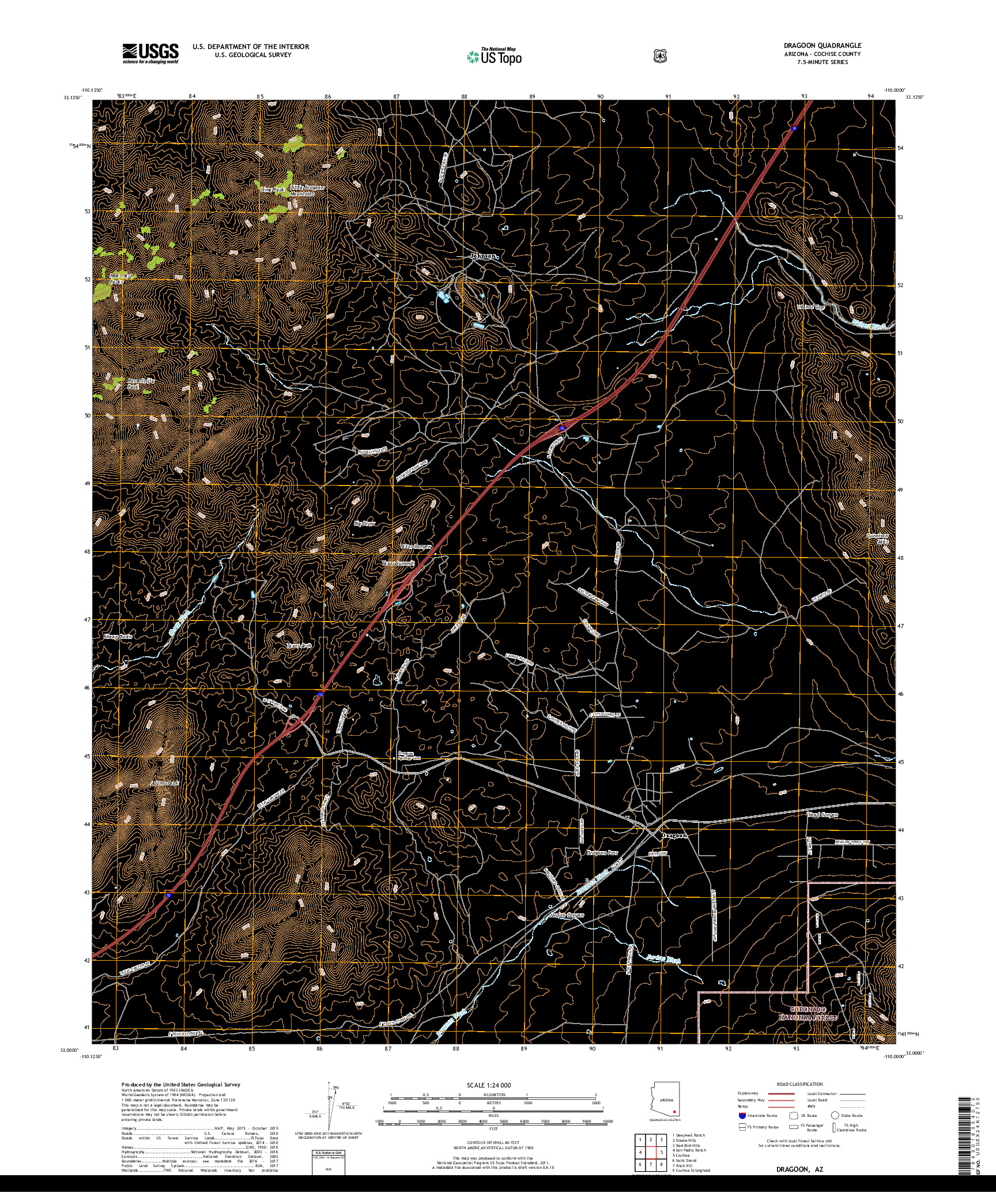 USGS US TOPO 7.5-MINUTE MAP FOR DRAGOON, AZ 2018