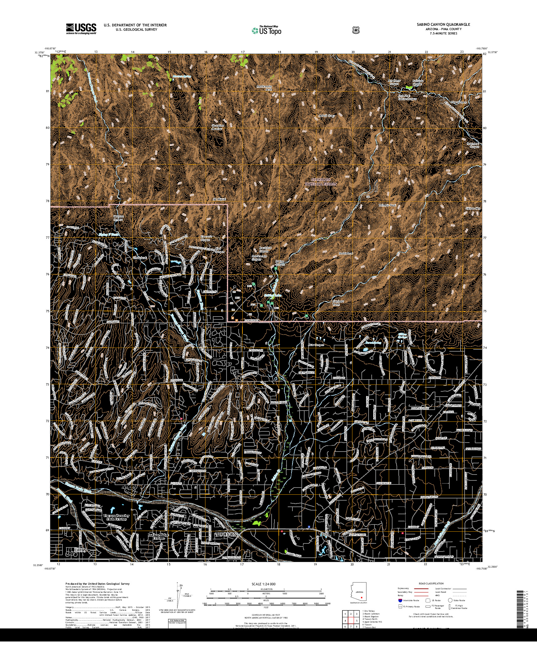 USGS US TOPO 7.5-MINUTE MAP FOR SABINO CANYON, AZ 2018