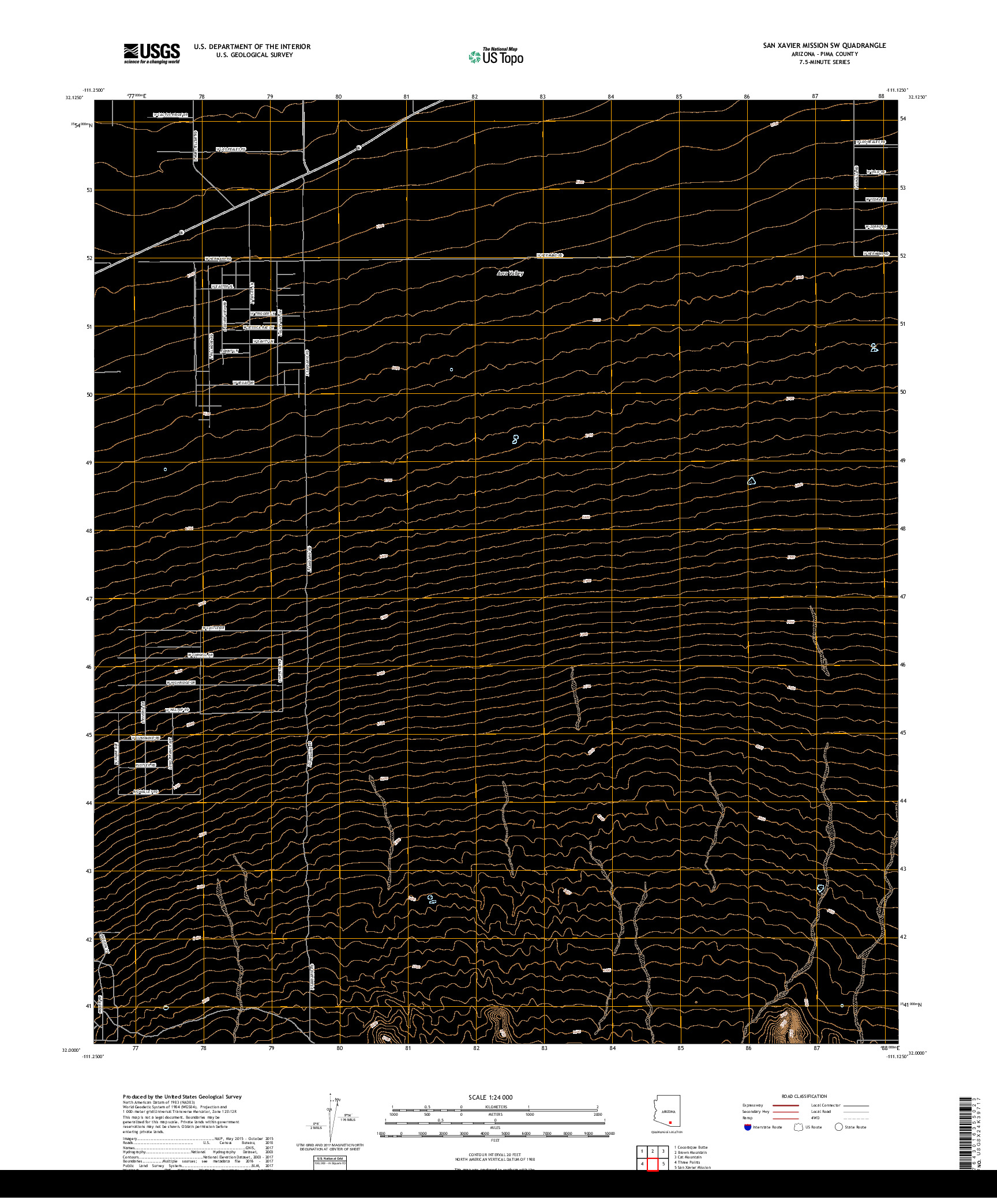 USGS US TOPO 7.5-MINUTE MAP FOR SAN XAVIER MISSION SW, AZ 2018