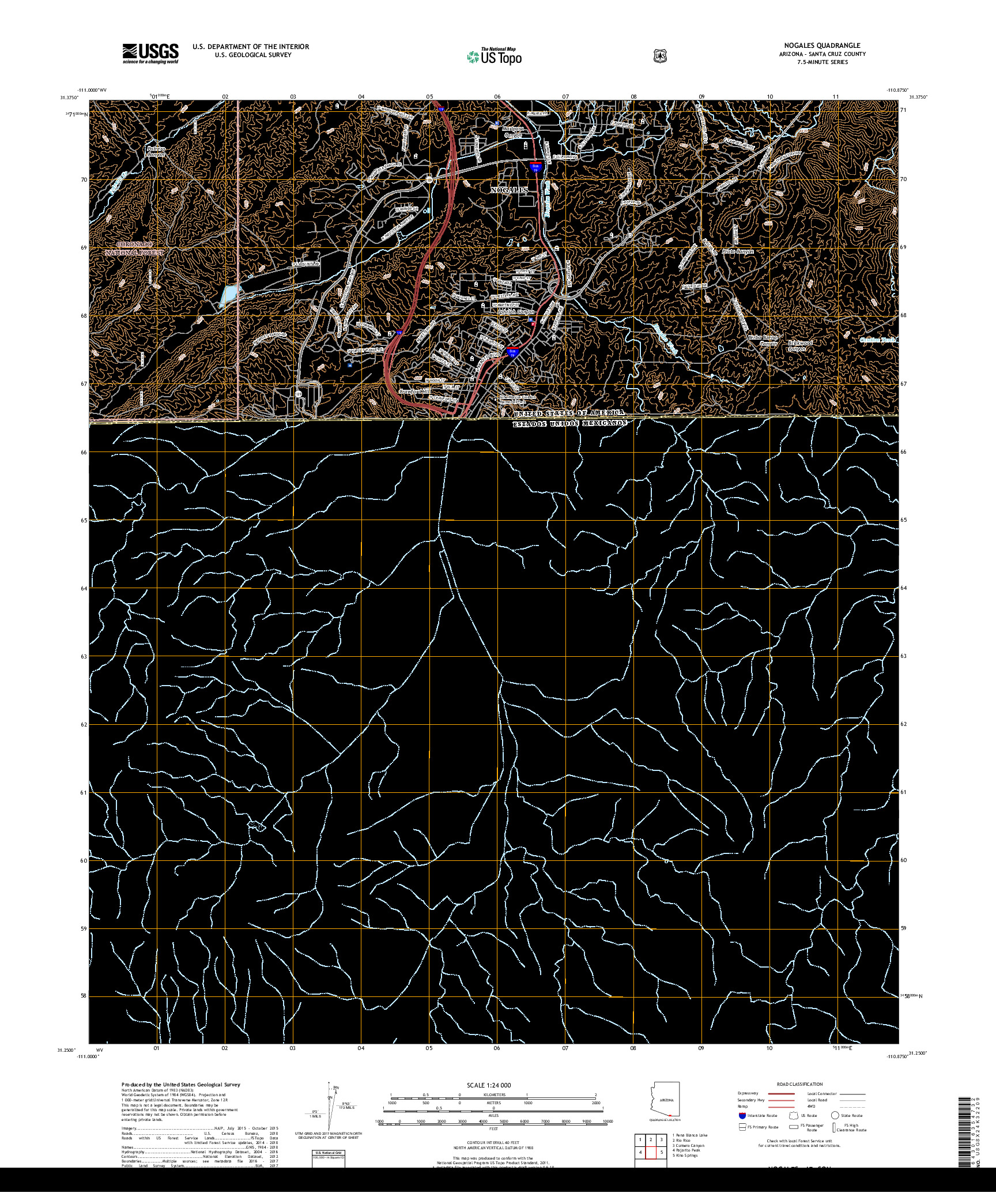 USGS US TOPO 7.5-MINUTE MAP FOR NOGALES, AZ,SON 2018