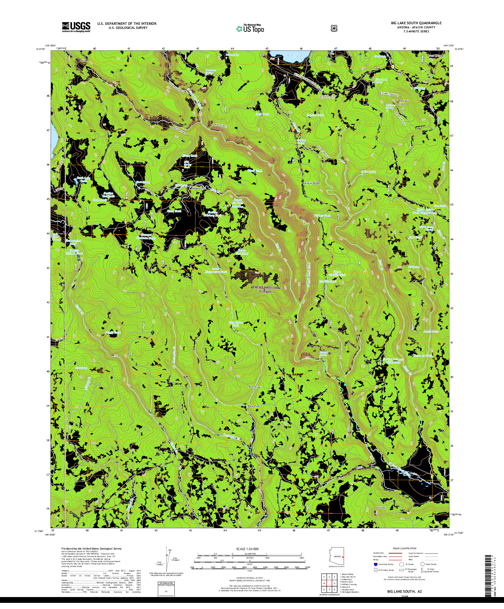 USGS US TOPO 7.5-MINUTE MAP FOR BIG LAKE SOUTH, AZ 2018